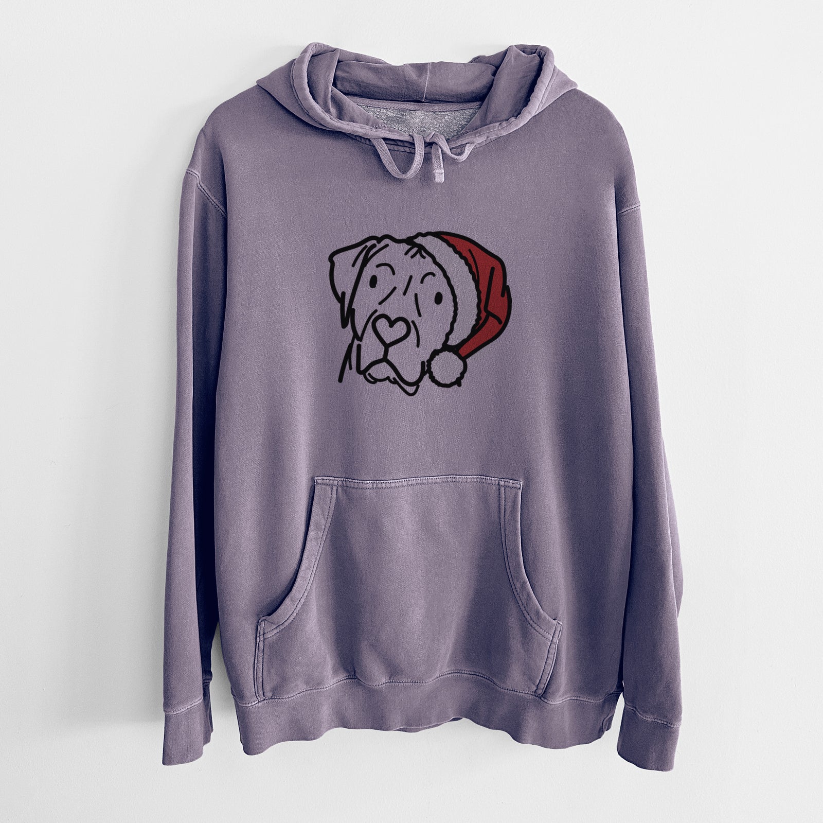 Minimalist line drawing of Tito the Rhodesian Ridgeback wearing a Santa hat on a Plum Unisex pigment dyed hoodie