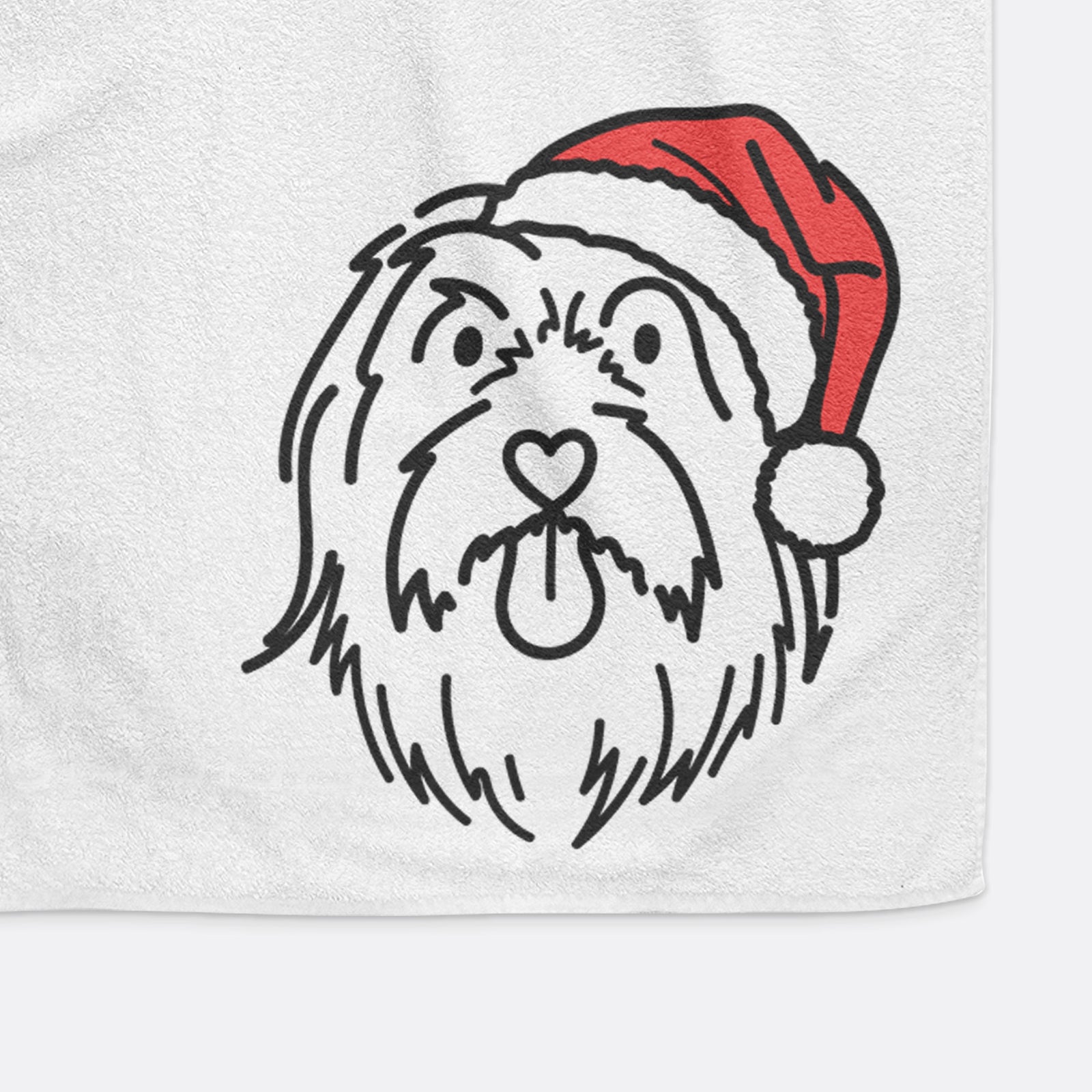 Minimalist line drawing of Tucker the Bearded Collie wearing a Santa hat on a decorative hand towel