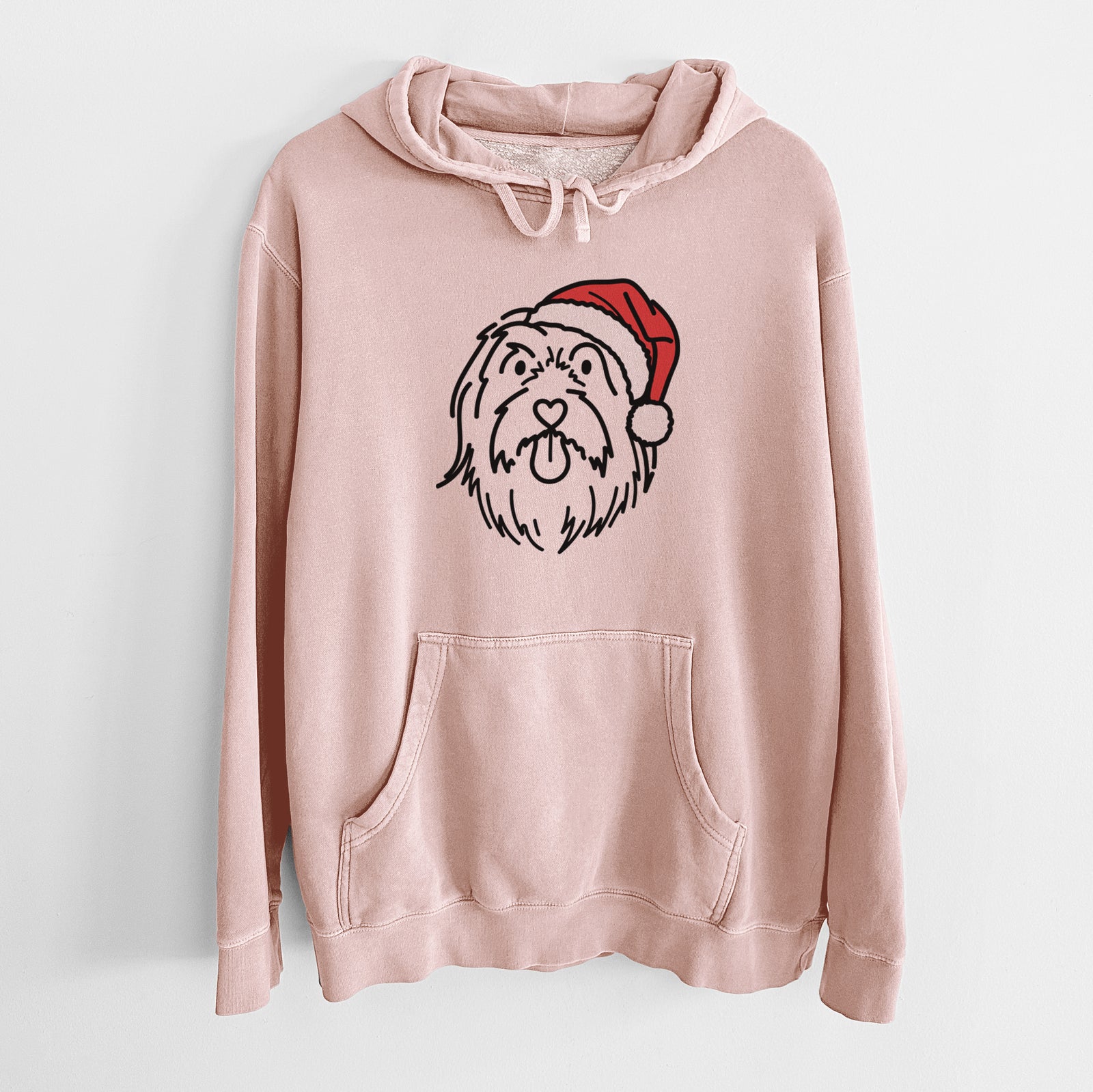 Minimalist line drawing of Tucker the Bearded Collie wearing a Santa hat on a Dusty Pink Unisex pigment dyed hoodie