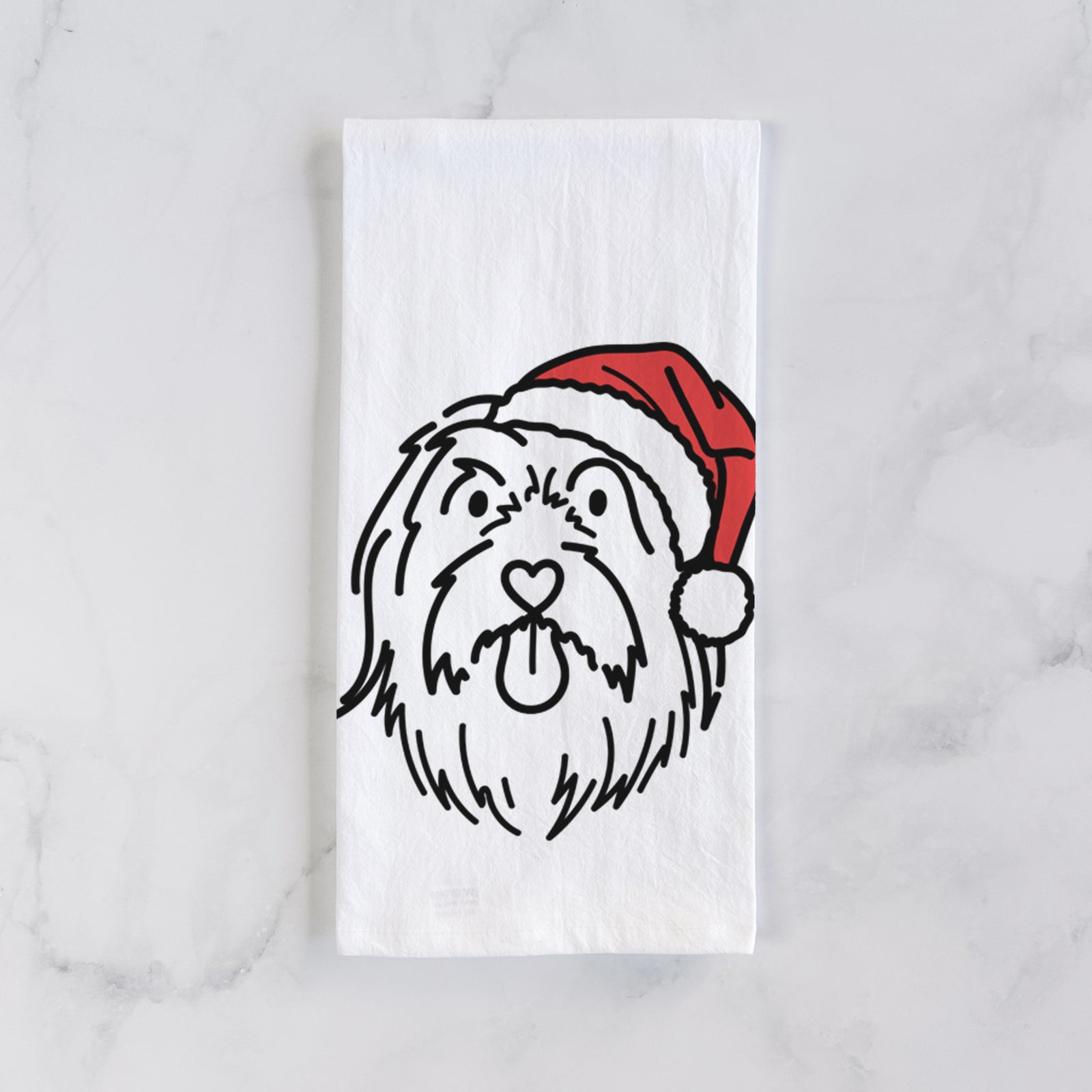Minimalist line drawing of Tucker the Bearded Collie wearing a Santa hat on a tea towel