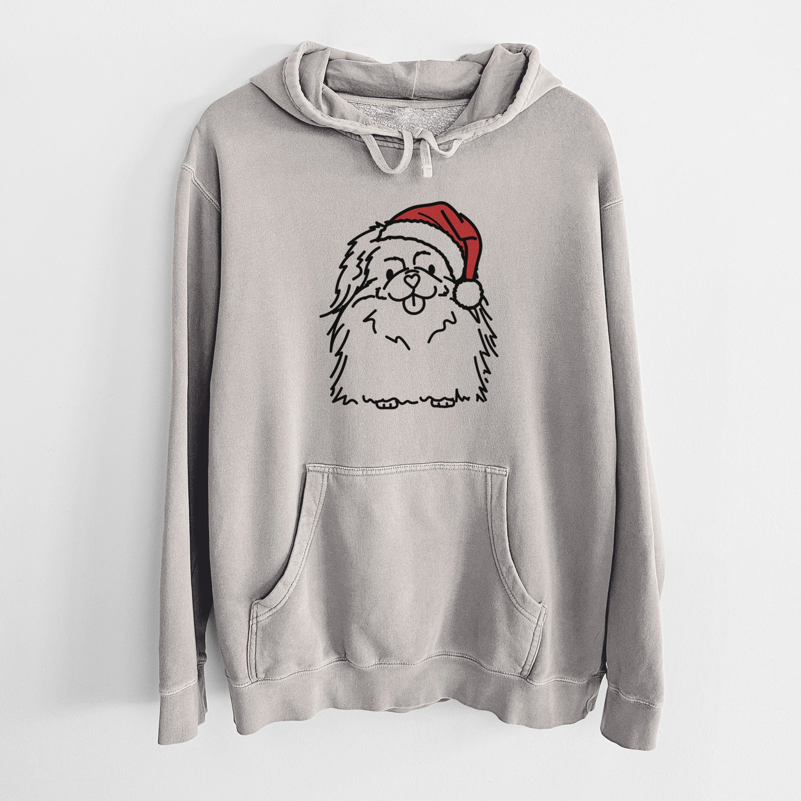 Minimalist line drawing of Viv the Pekingese wearing a Santa hat on a Cement Unisex pigment dyed hoodie