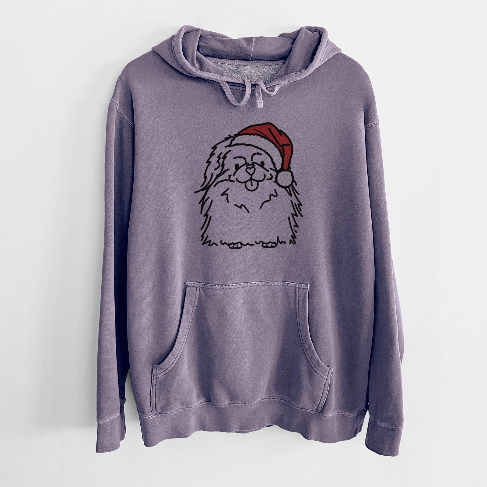 Minimalist line drawing of Viv the Pekingese wearing a Santa hat on a Plum Unisex pigment dyed hoodie