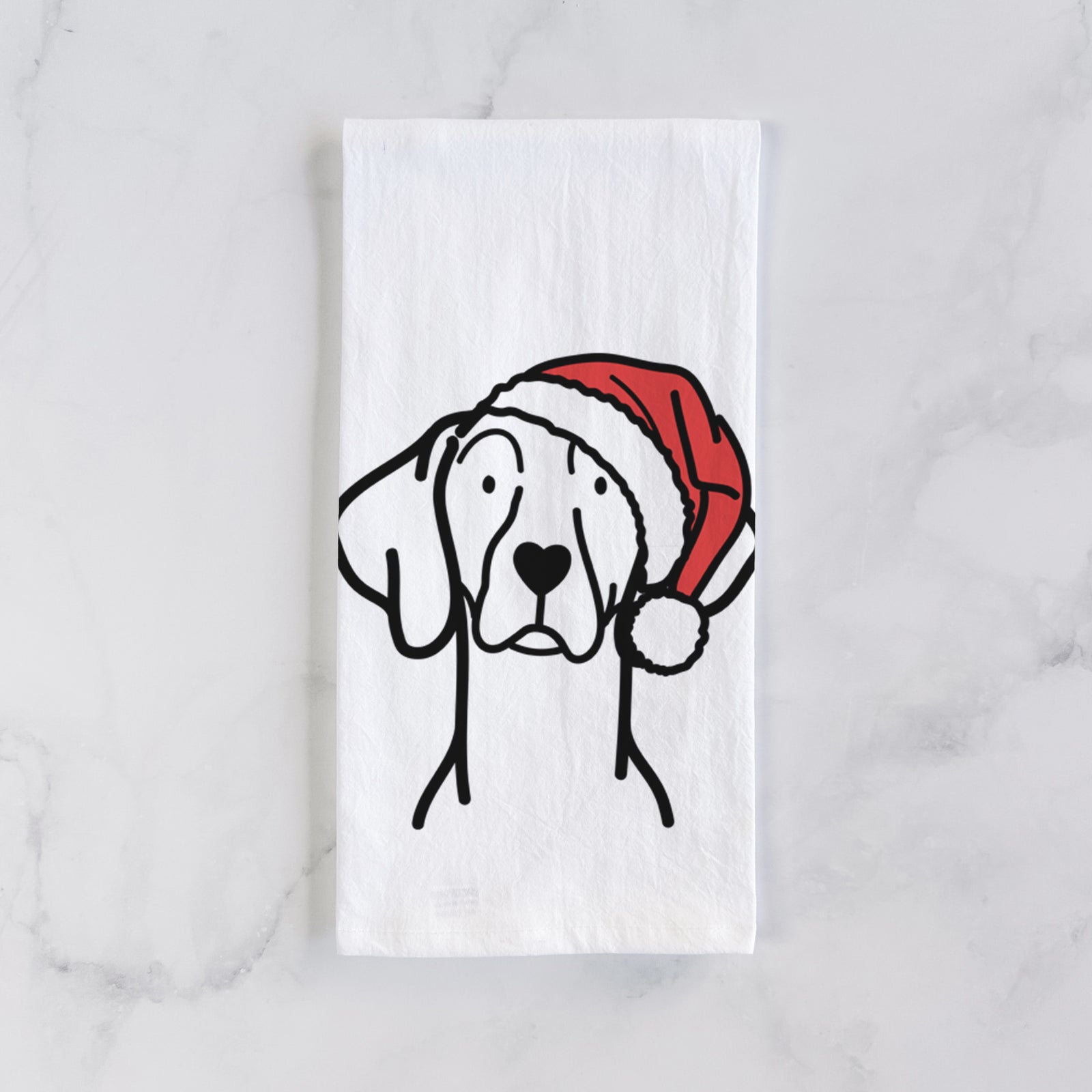 Minimalist line drawing of a Weimaraner wearing a Santa hat on a tea towel