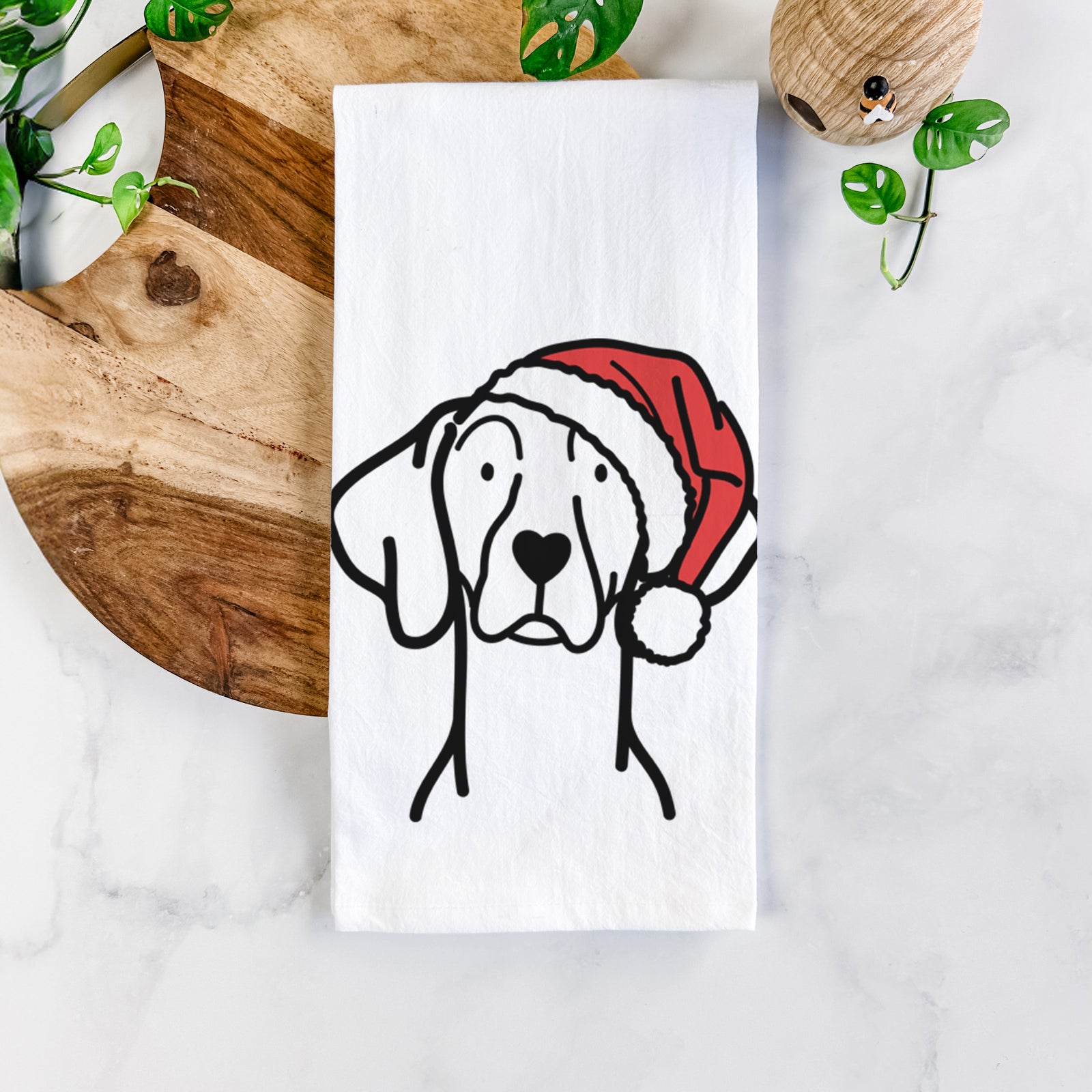 Minimalist line drawing of a Weimaraner wearing a Santa hat on a tea towel