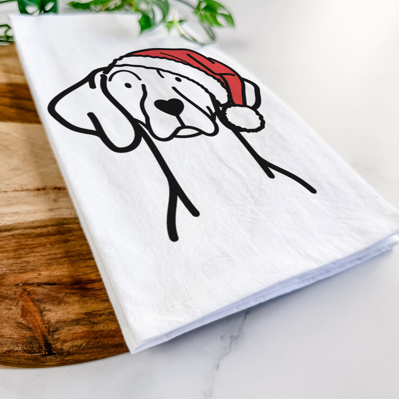 Minimalist line drawing of a Weimaraner wearing a Santa hat on a tea towel