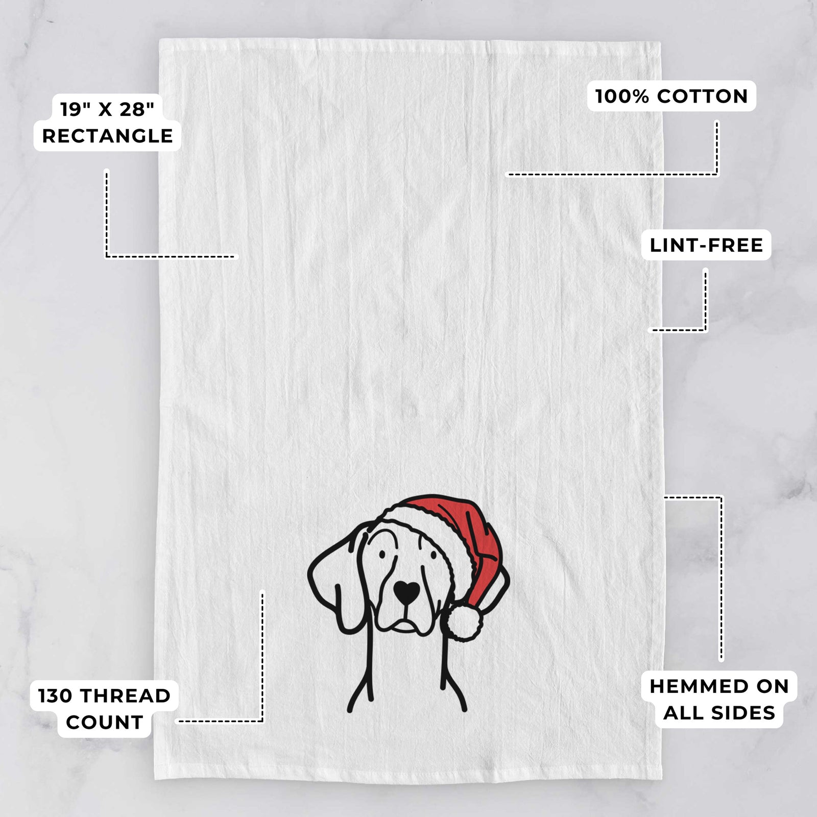 Minimalist line drawing of a Weimaraner wearing a Santa hat on a tea towel, with feature callouts: 19 x 28 inch rectangle, 100% cotton, lint-free, 120 thread count, hemmed on all sides