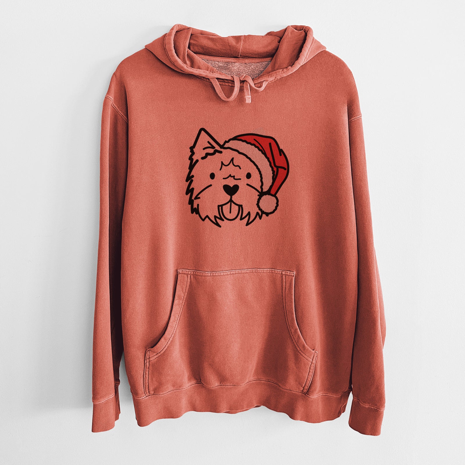 Minimalist line drawing of a West Highland Terrier wearing a Santa hat on an Amber Unisex pigment dyed hoodie