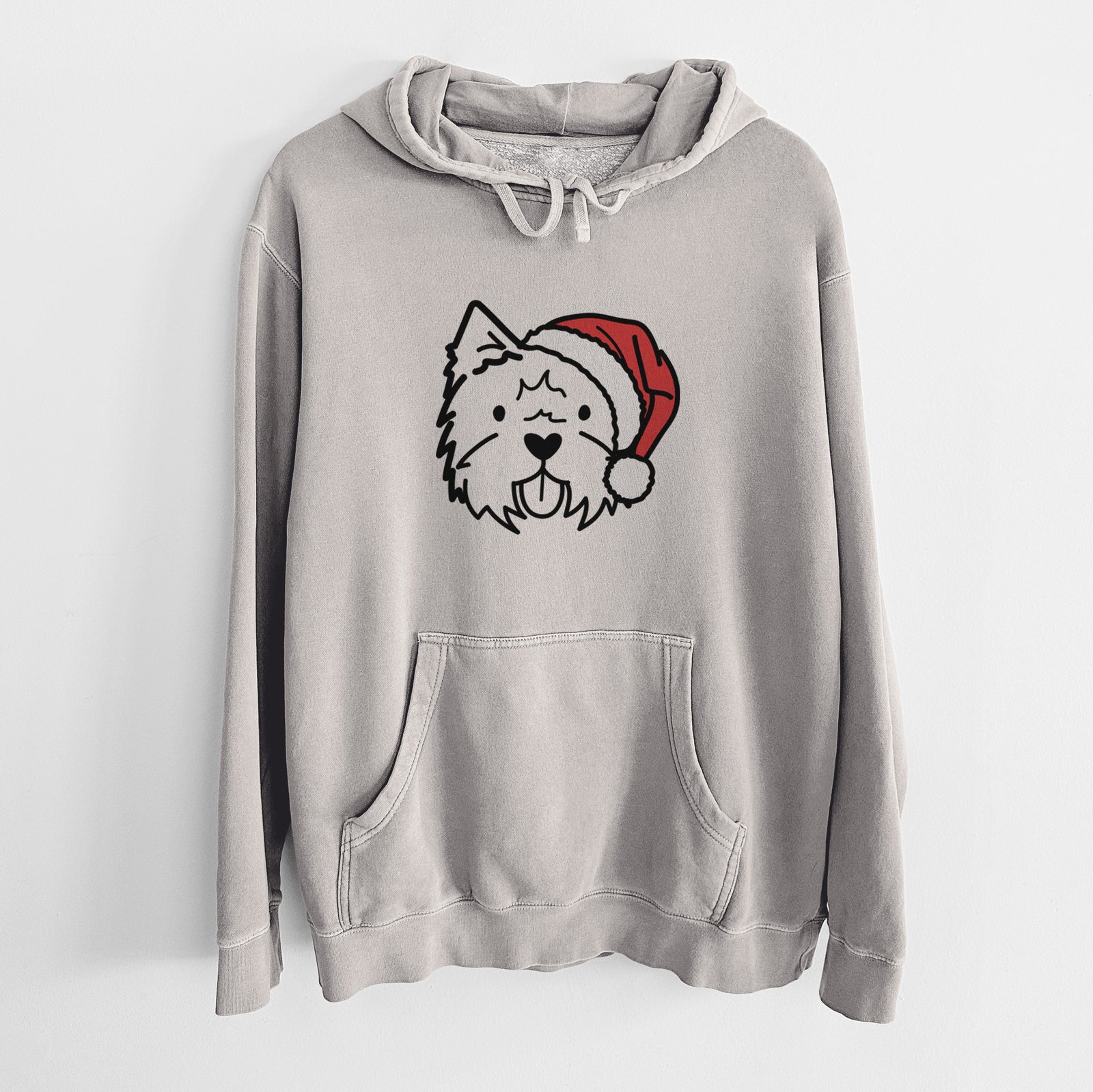 Minimalist line drawing of a West Highland Terrier wearing a Santa hat on a Cement Unisex pigment dyed hoodie