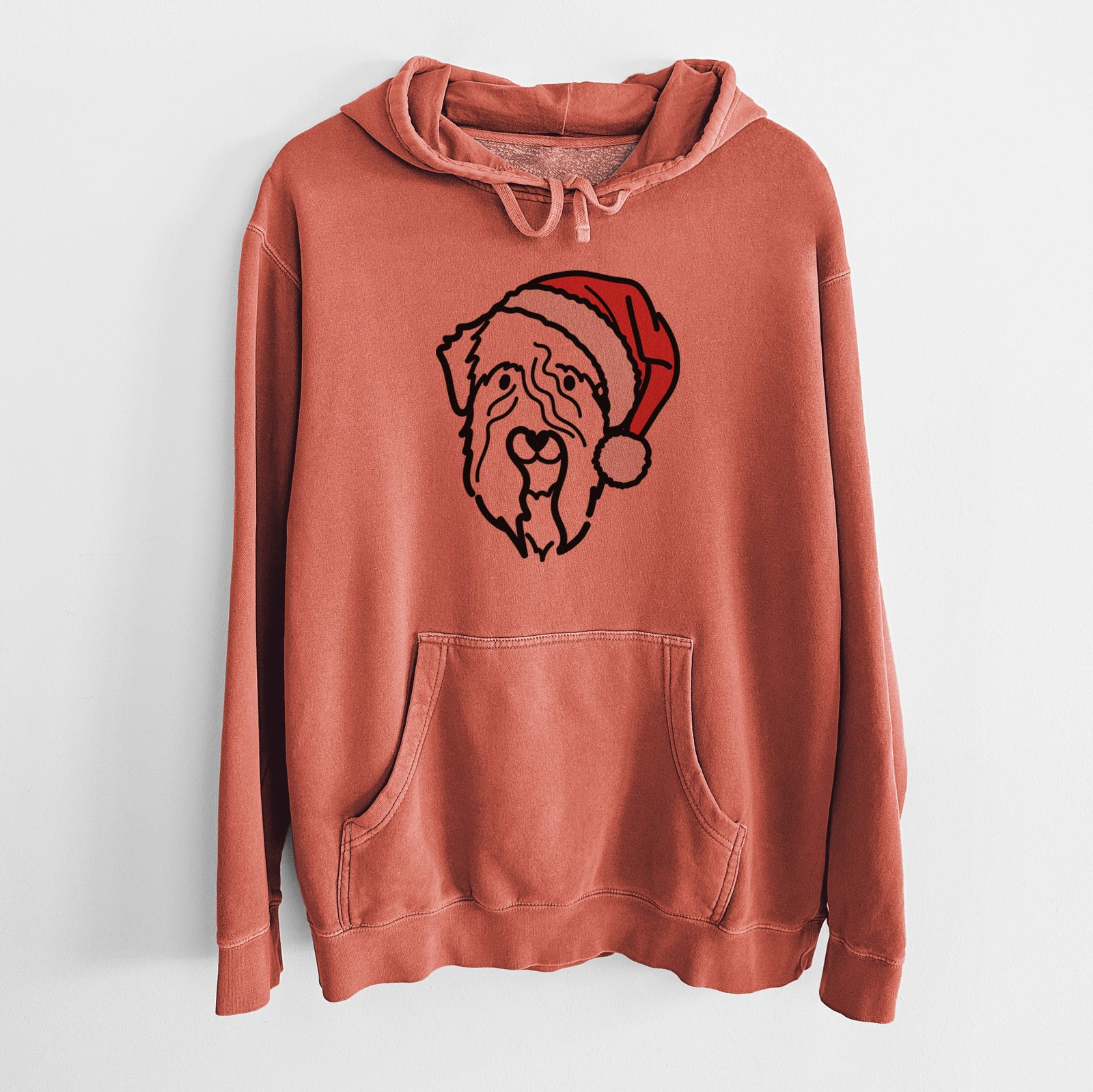 Minimalist line drawing of a Soft Coated Wheaten Terrier wearing a Santa hat on an Amber Unisex pigment dyed hoodie