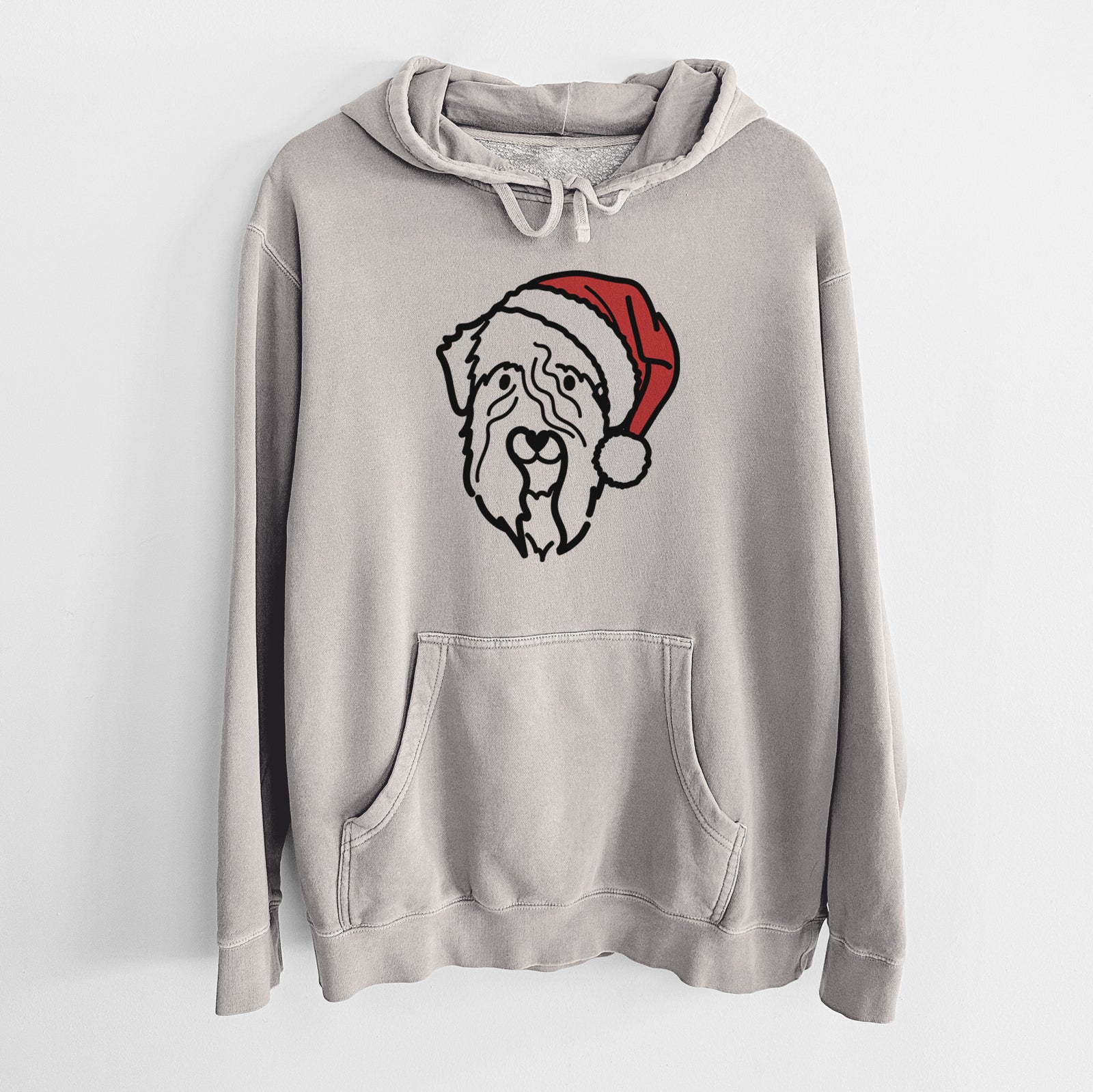 Minimalist line drawing of a Soft Coated Wheaten Terrier wearing a Santa hat on a Cement Unisex pigment dyed hoodie