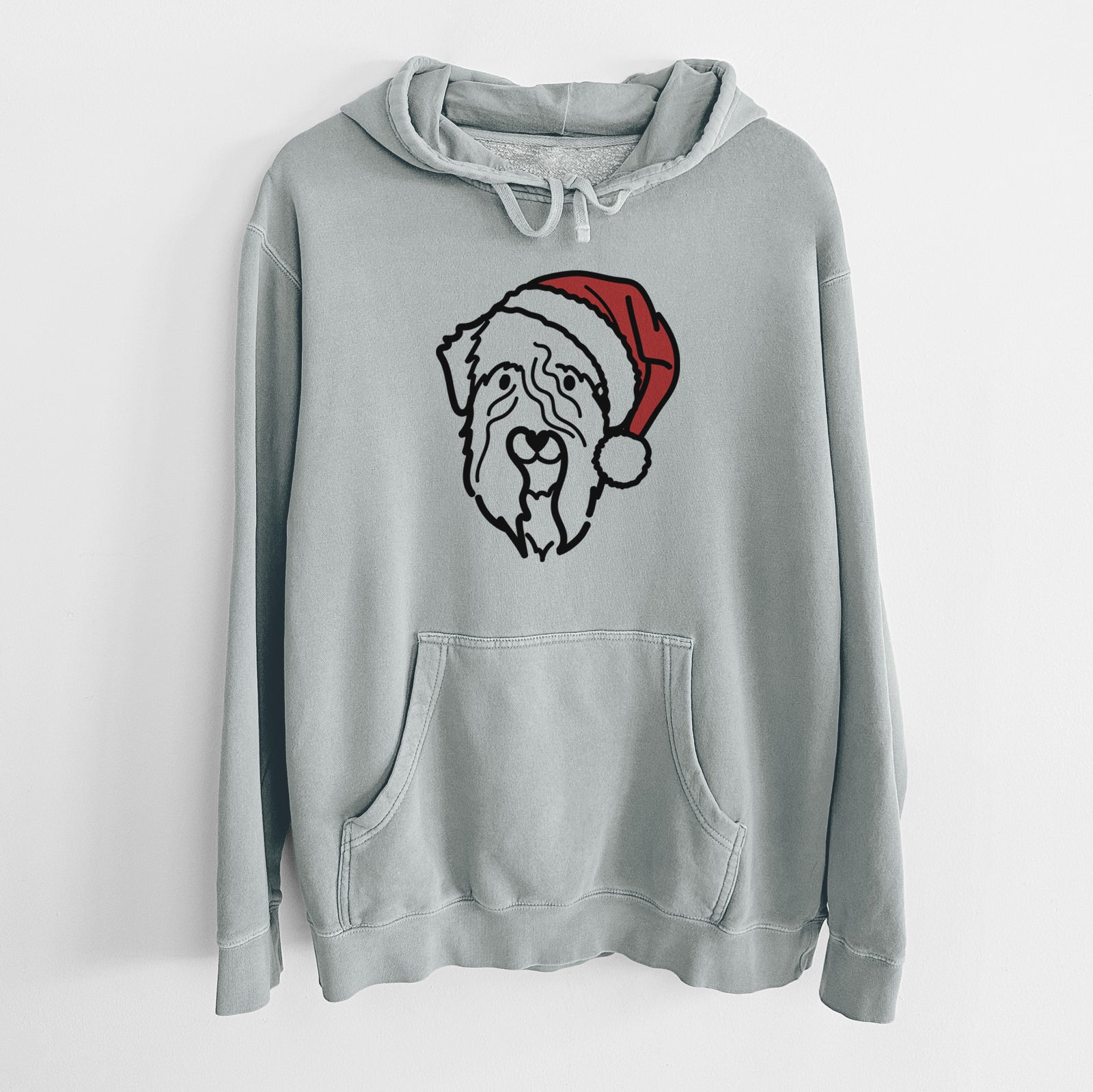 Minimalist line drawing of a Soft Coated Wheaten Terrier wearing a Santa hat on a Sage Unisex pigment dyed hoodie