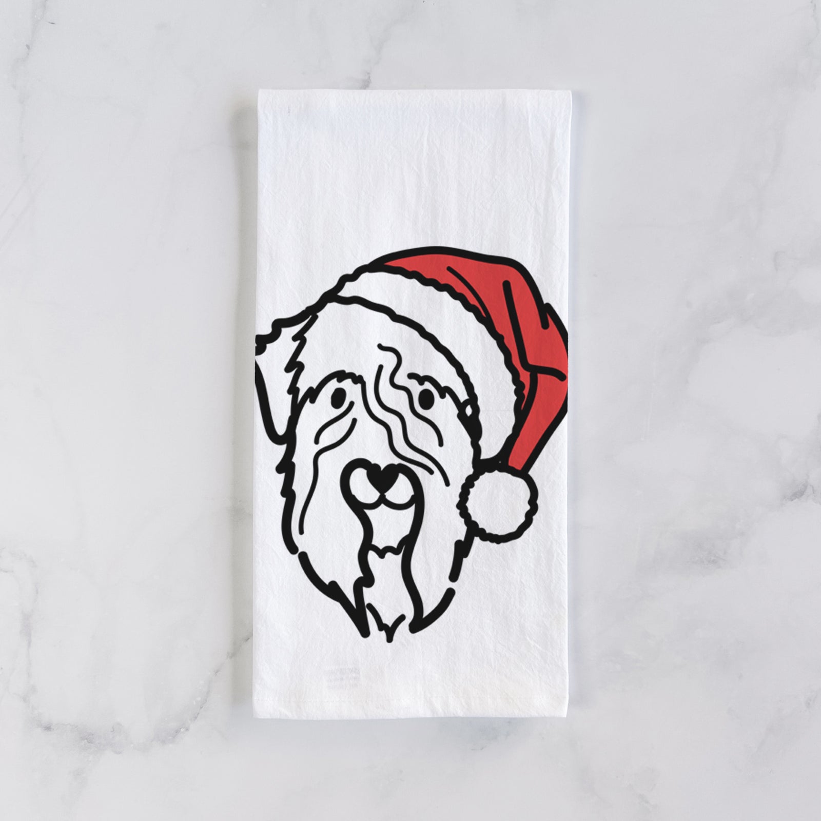 Minimalist line drawing of a Soft Coated Wheaten Terrier wearing a Santa hat on a tea towel