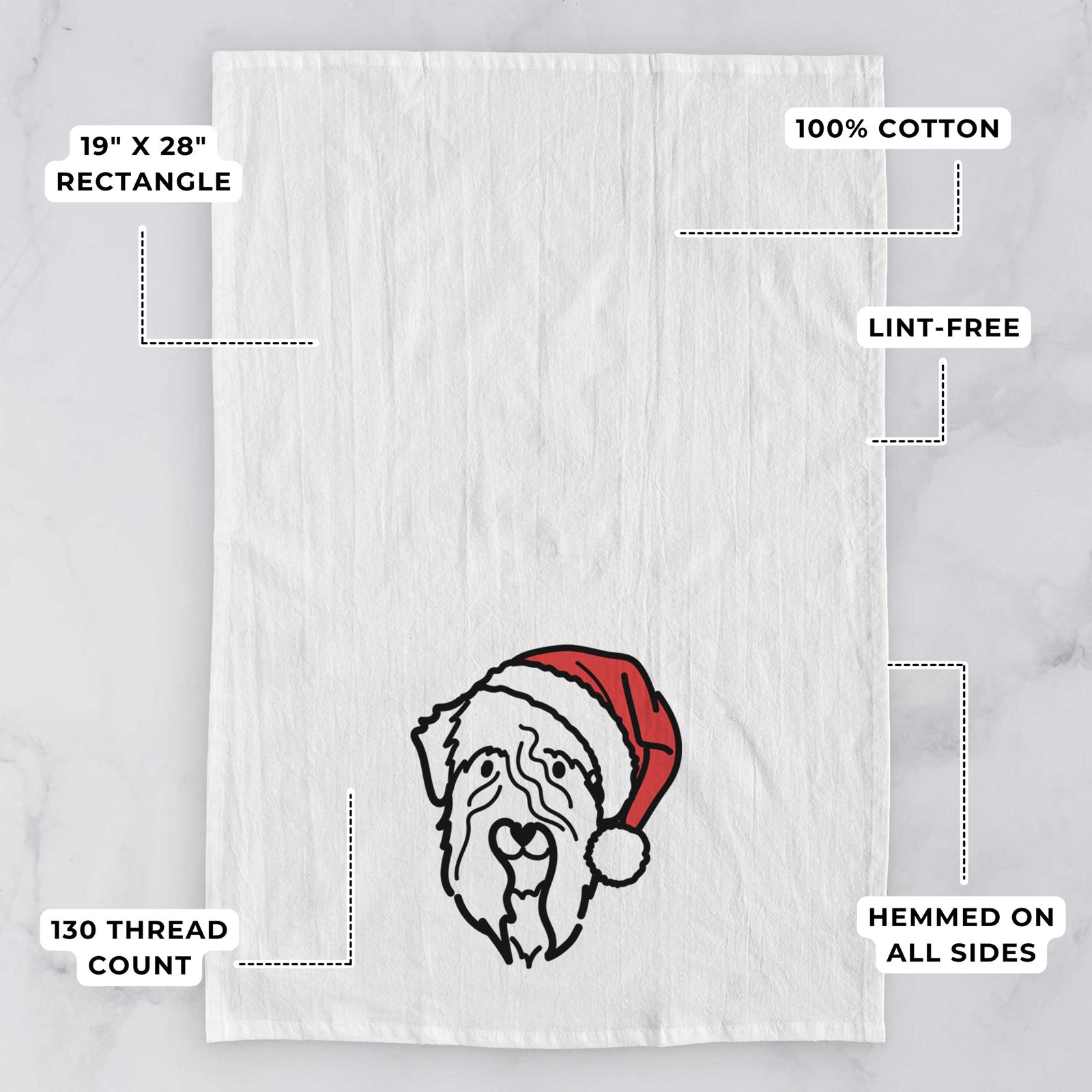 Minimalist line drawing of a Soft Coated Wheaten Terrier wearing a Santa hat on a tea towel, with feature callouts: 19 x 28 inch rectangle, 100% cotton, lint-free, 120 thread count, hemmed on all sides