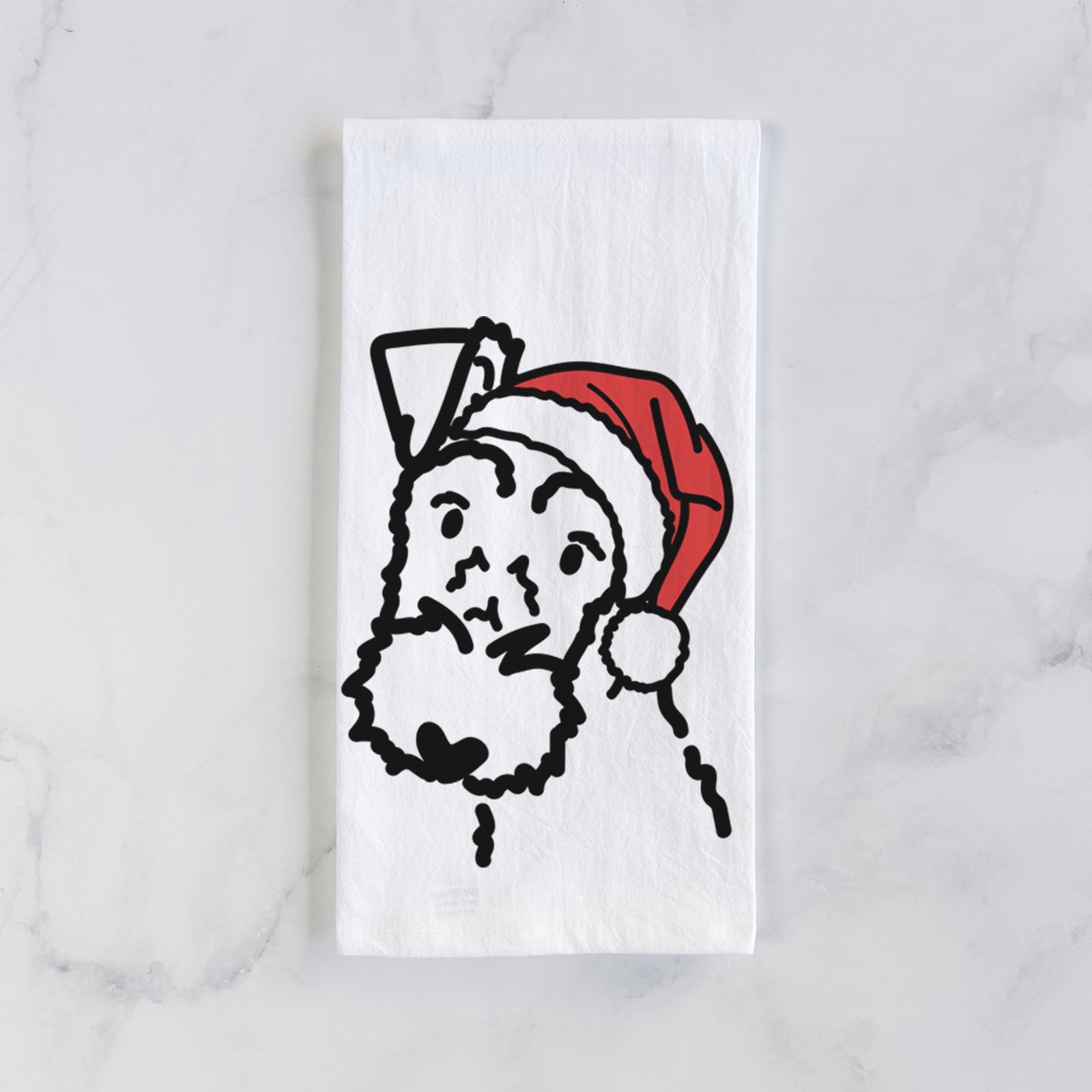Minimalist line drawing of a Wire Fox Terrier wearing a Santa hat on a tea towel