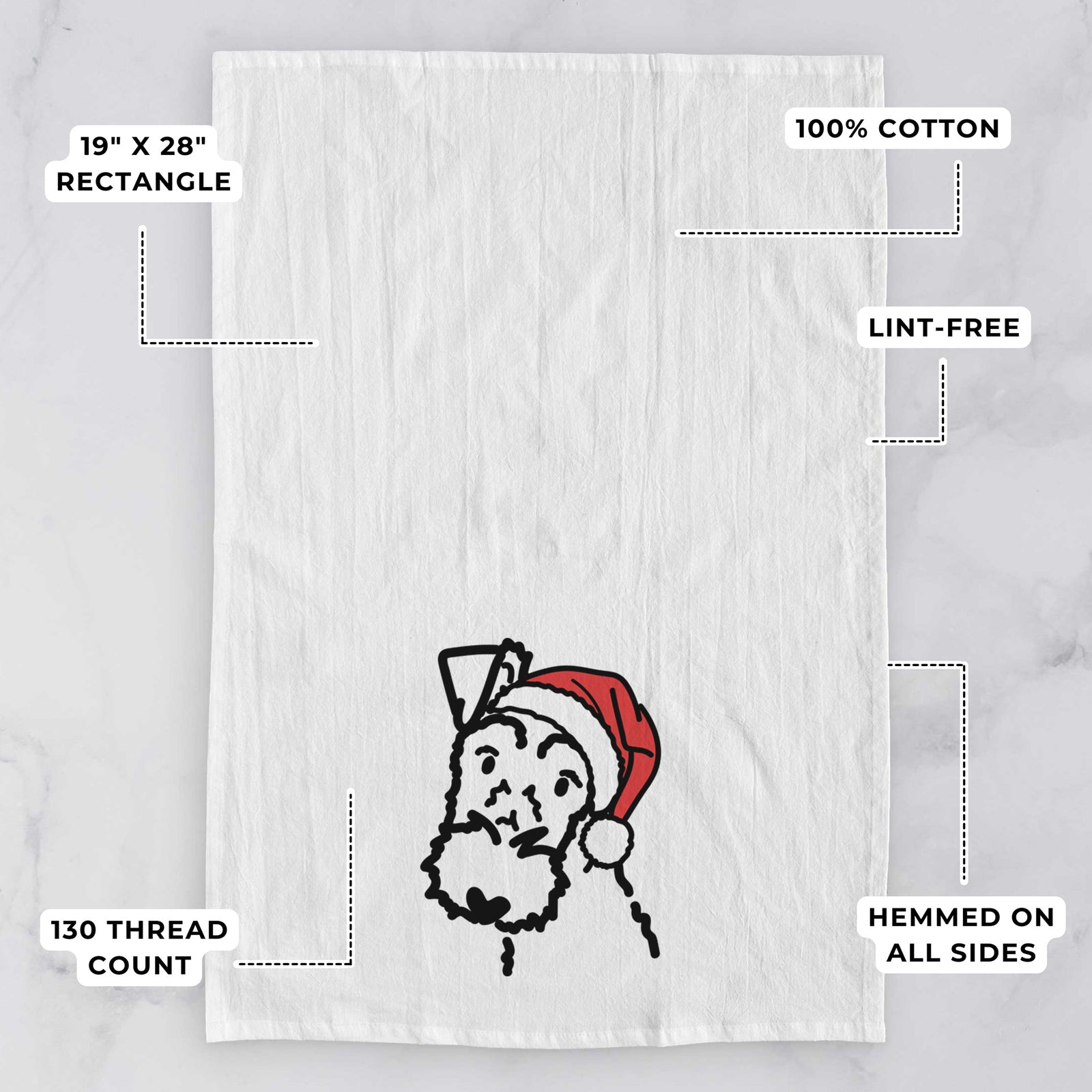 Minimalist line drawing of a Wire Fox Terrier wearing a Santa hat on a tea towel, with feature callouts: 19 x 28 inch rectangle, 100% cotton, lint-free, 120 thread count, hemmed on all sides