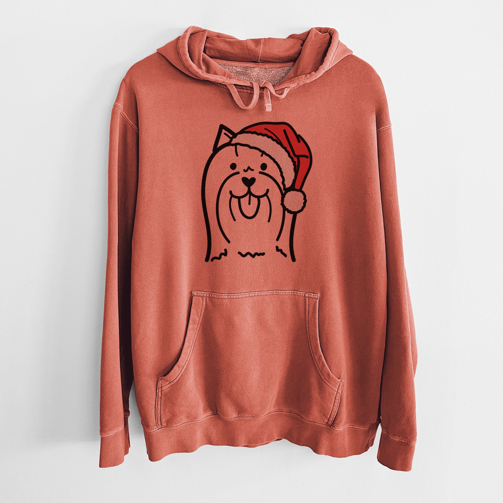 Minimalist line drawing of a Yorkshire Terrier wearing a Santa hat on an Amber Unisex pigment dyed hoodie