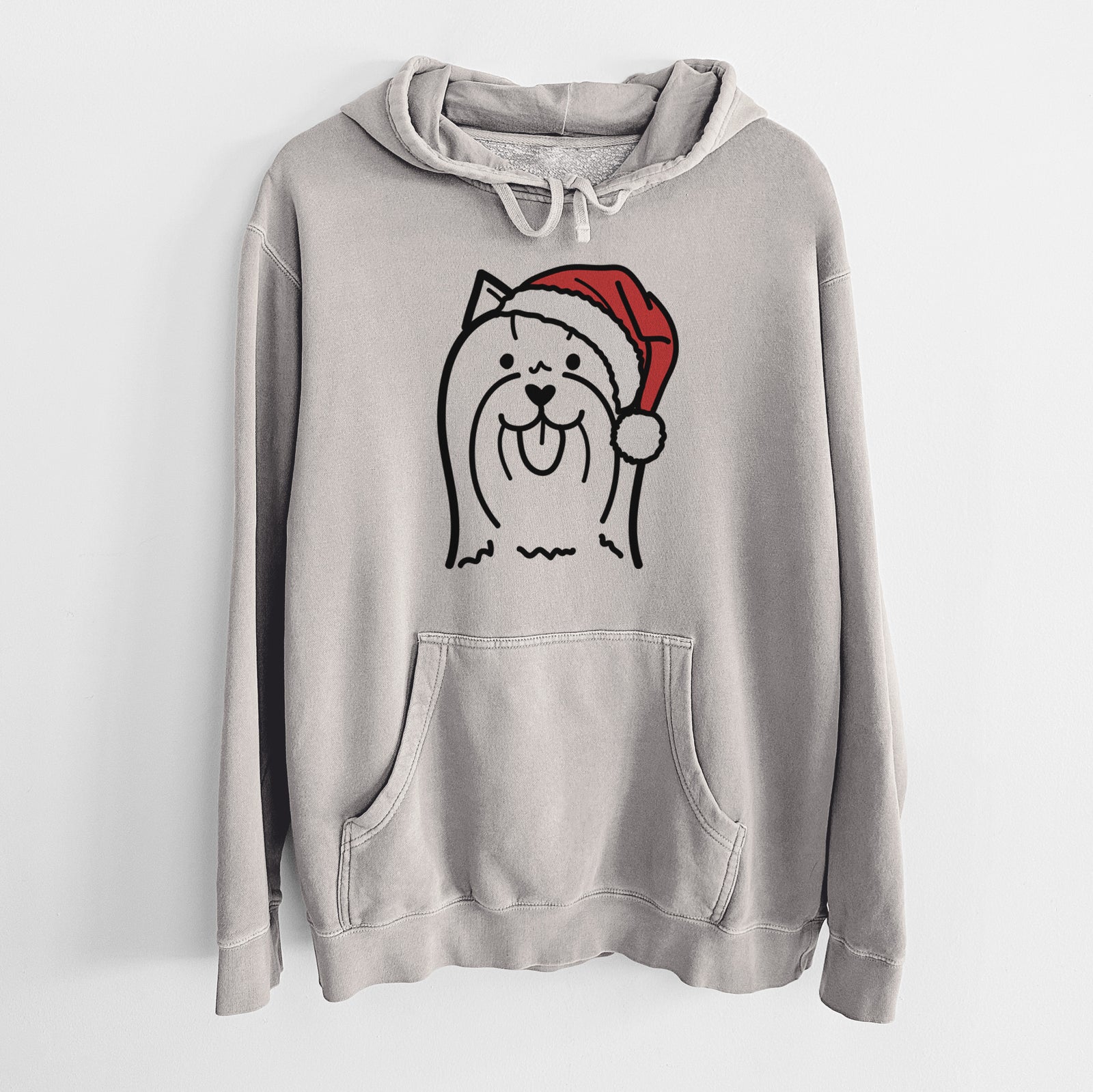 Minimalist line drawing of a Yorkshire Terrier wearing a Santa hat on a Cement Unisex pigment dyed hoodie