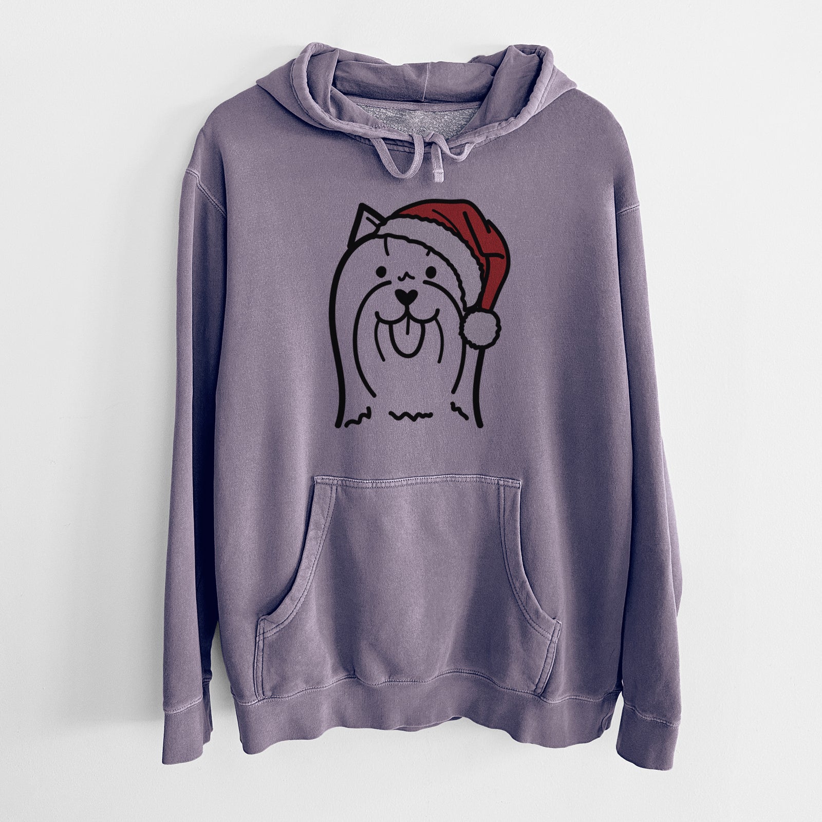 Minimalist line drawing of a Yorkshire Terrier wearing a Santa hat on a Plum Unisex pigment dyed hoodie