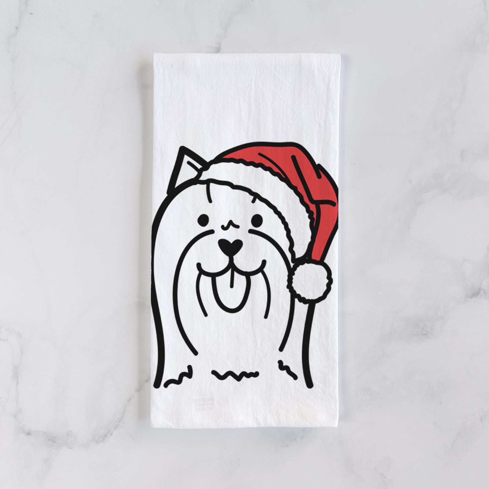 Minimalist line drawing of a Yorkshire Terrier wearing a Santa hat on a tea towel