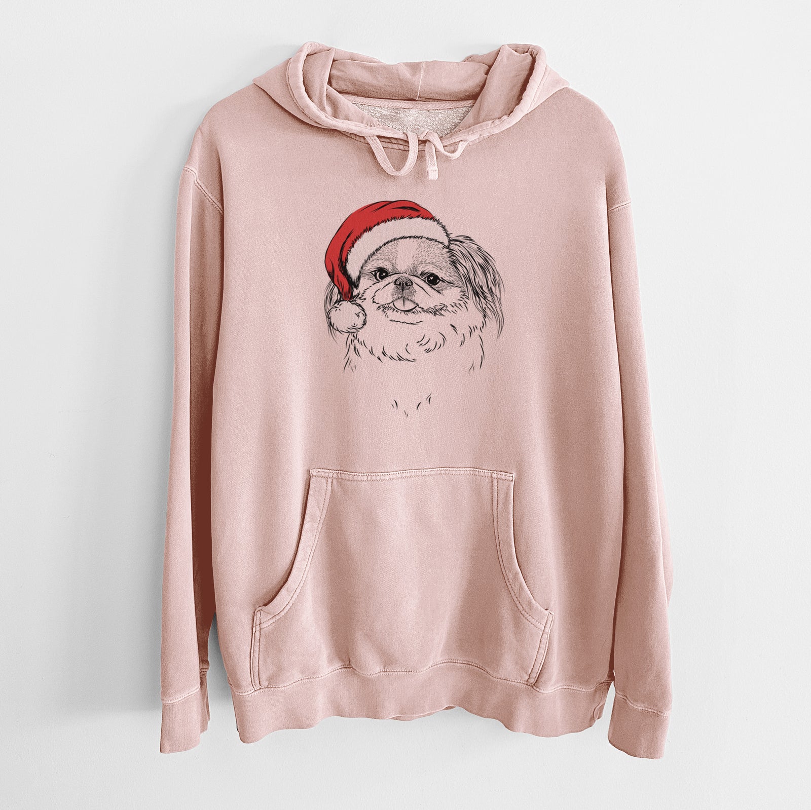 Hand-drawn sketch of Abra Bean the Pekingese wearing a Santa hat on a Dusty Pink Unisex pigment dyed hoodie