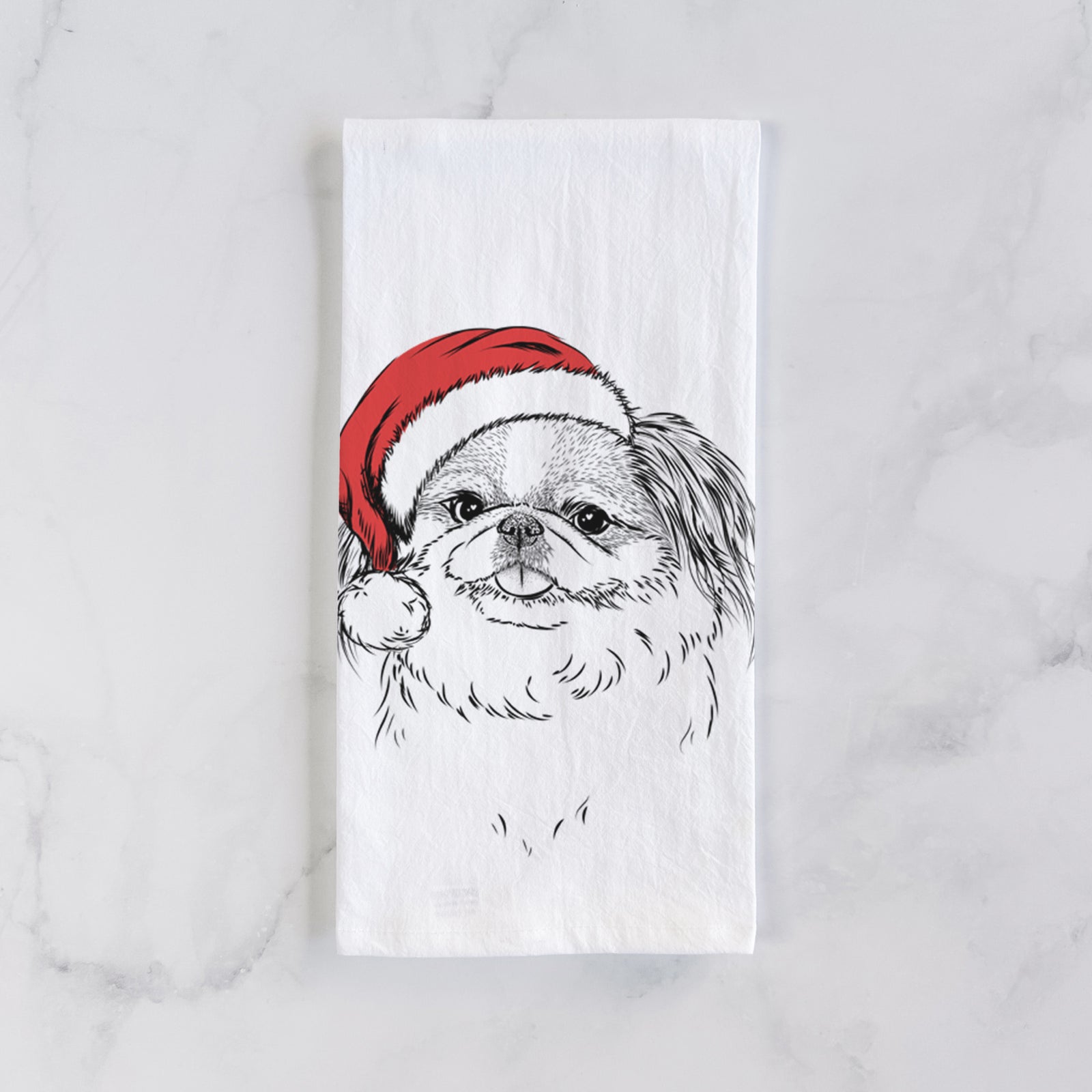 Hand-drawn sketch of Abra Bean the Pekingese wearing a Santa hat on a tea towel