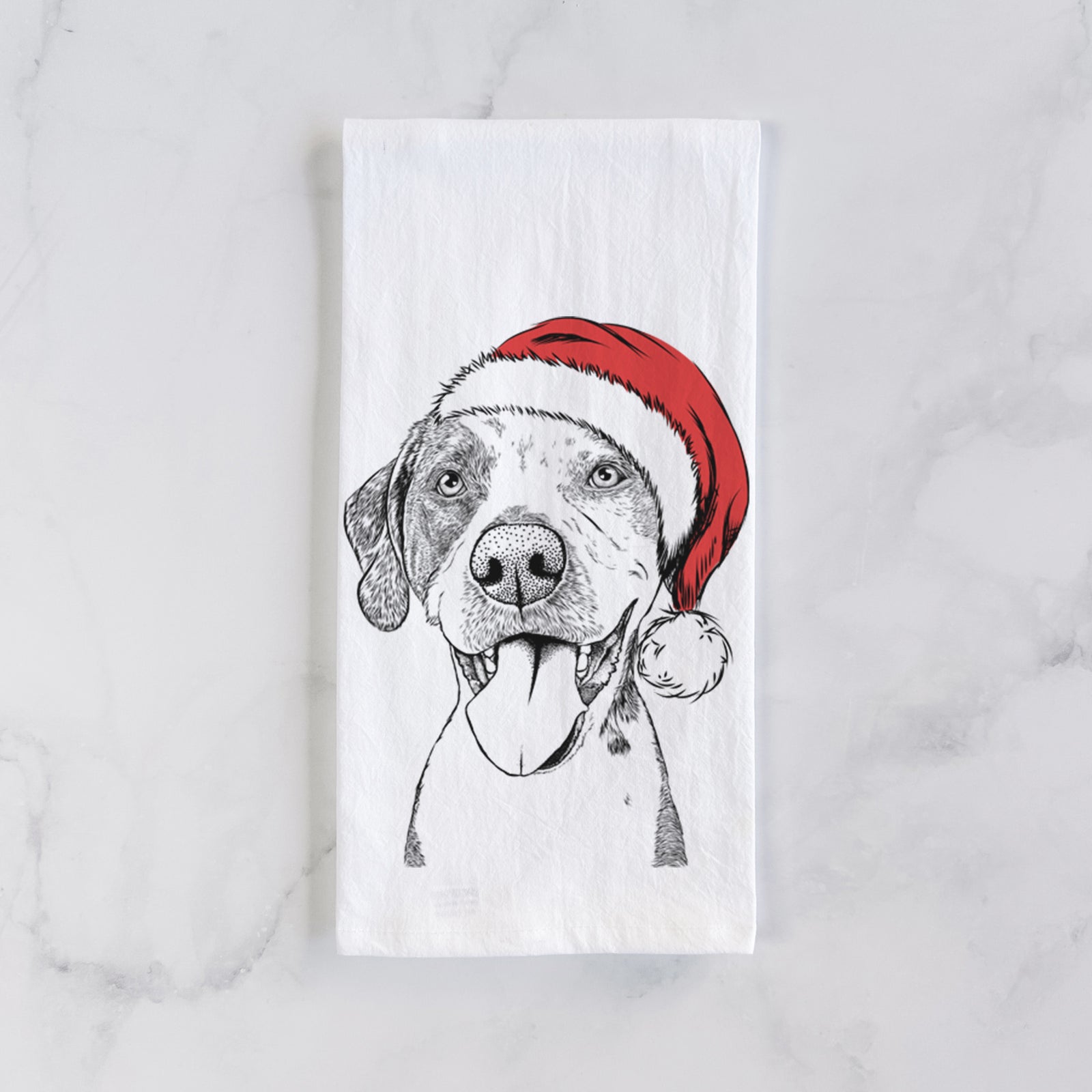 Hand-drawn sketch of Ace Boogie the Mixed Breed wearing a Santa hat on a tea towel