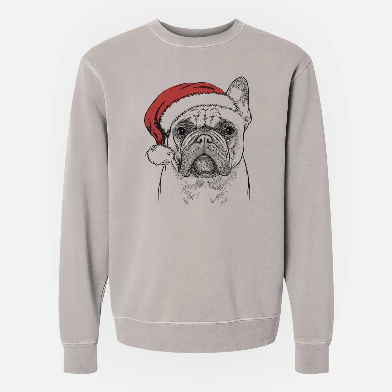 Hand-drawn sketch of Acelynn the French Bulldog wearing a Santa hat on a Cement Unisex pigment dyed crew sweatshirt