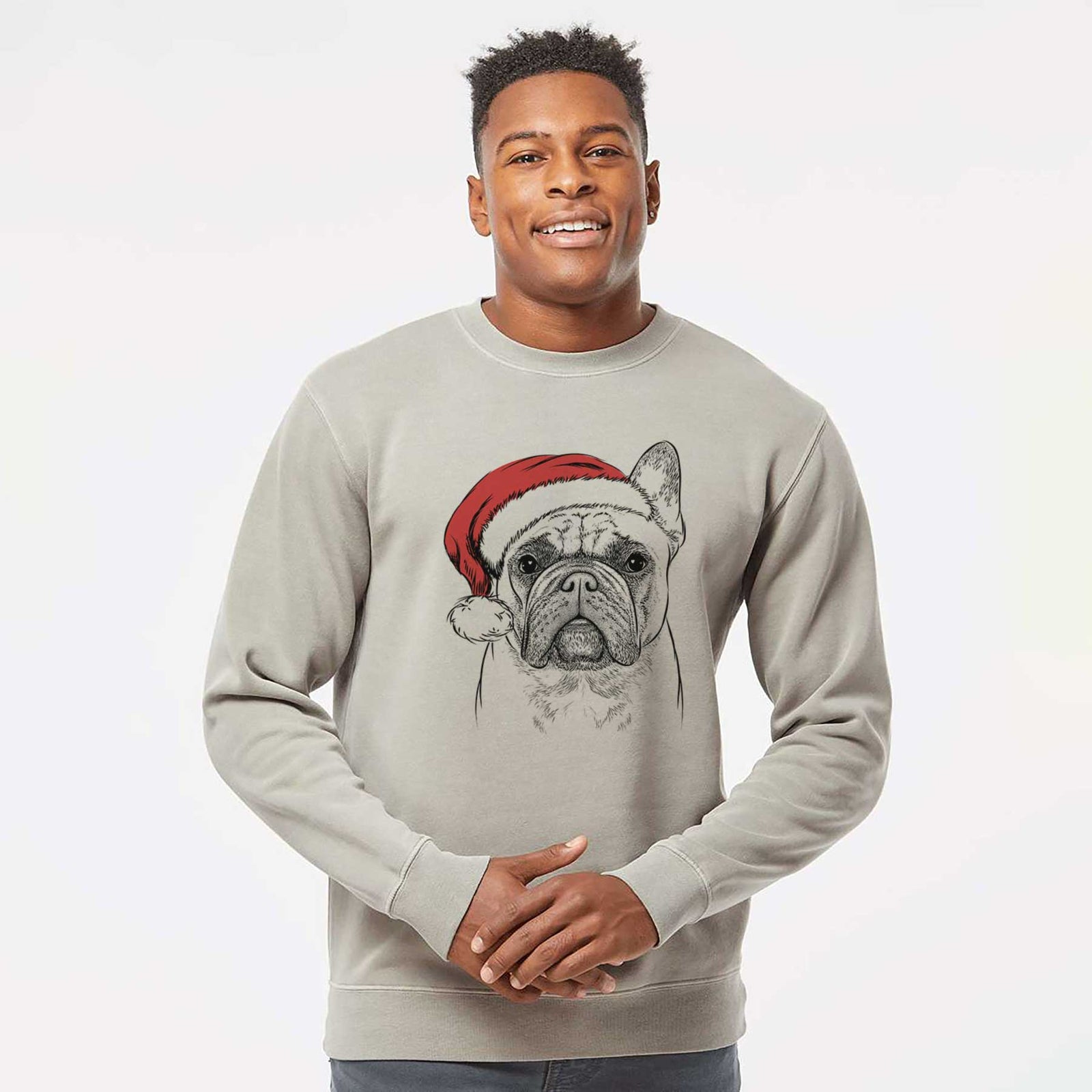 Hand-drawn sketch of Acelynn the French Bulldog wearing a Santa hat on a Cement Unisex pigment dyed crew sweatshirt