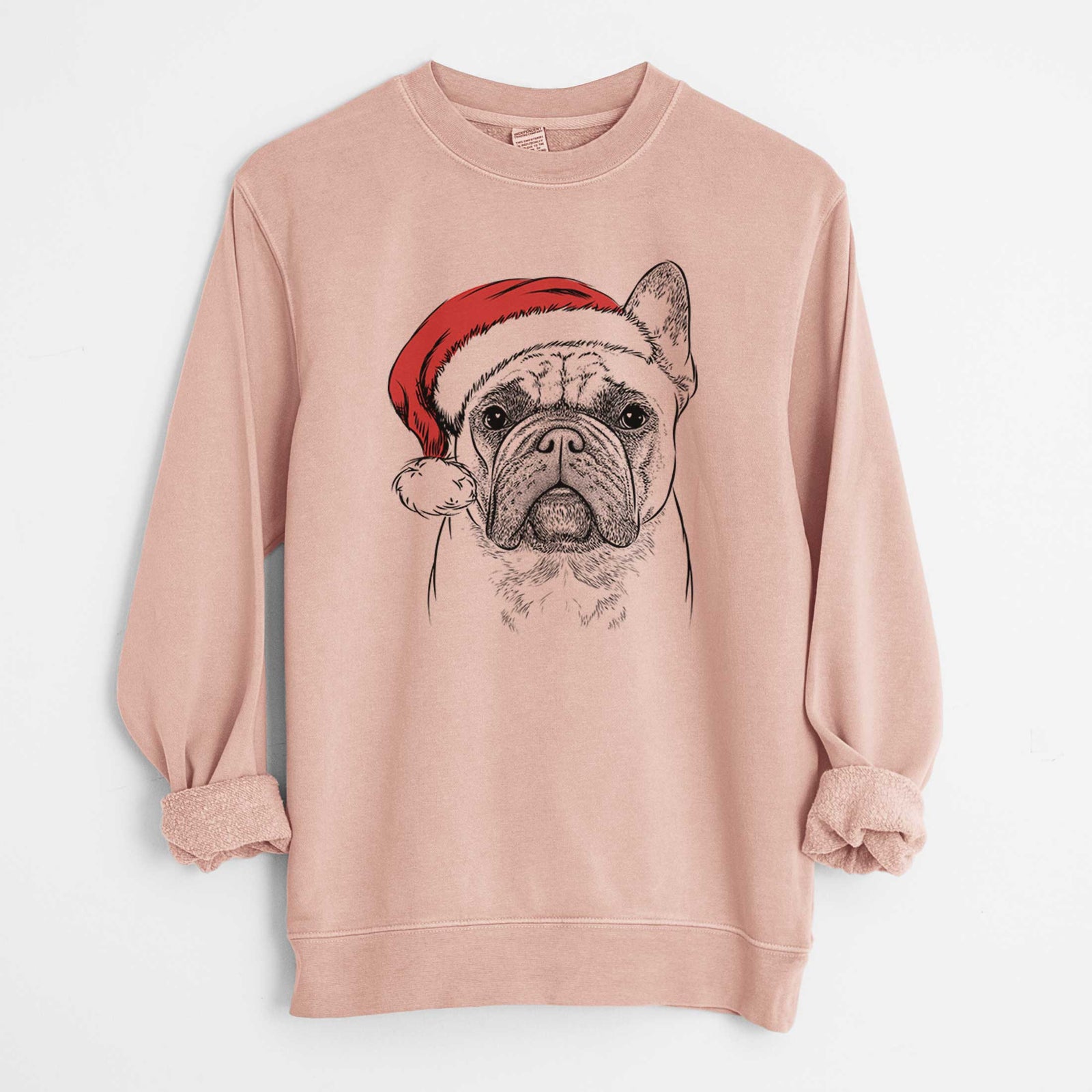Hand-drawn sketch of Acelynn the French Bulldog wearing a Santa hat on a Dusty Pink Unisex pigment dyed crew sweatshirt