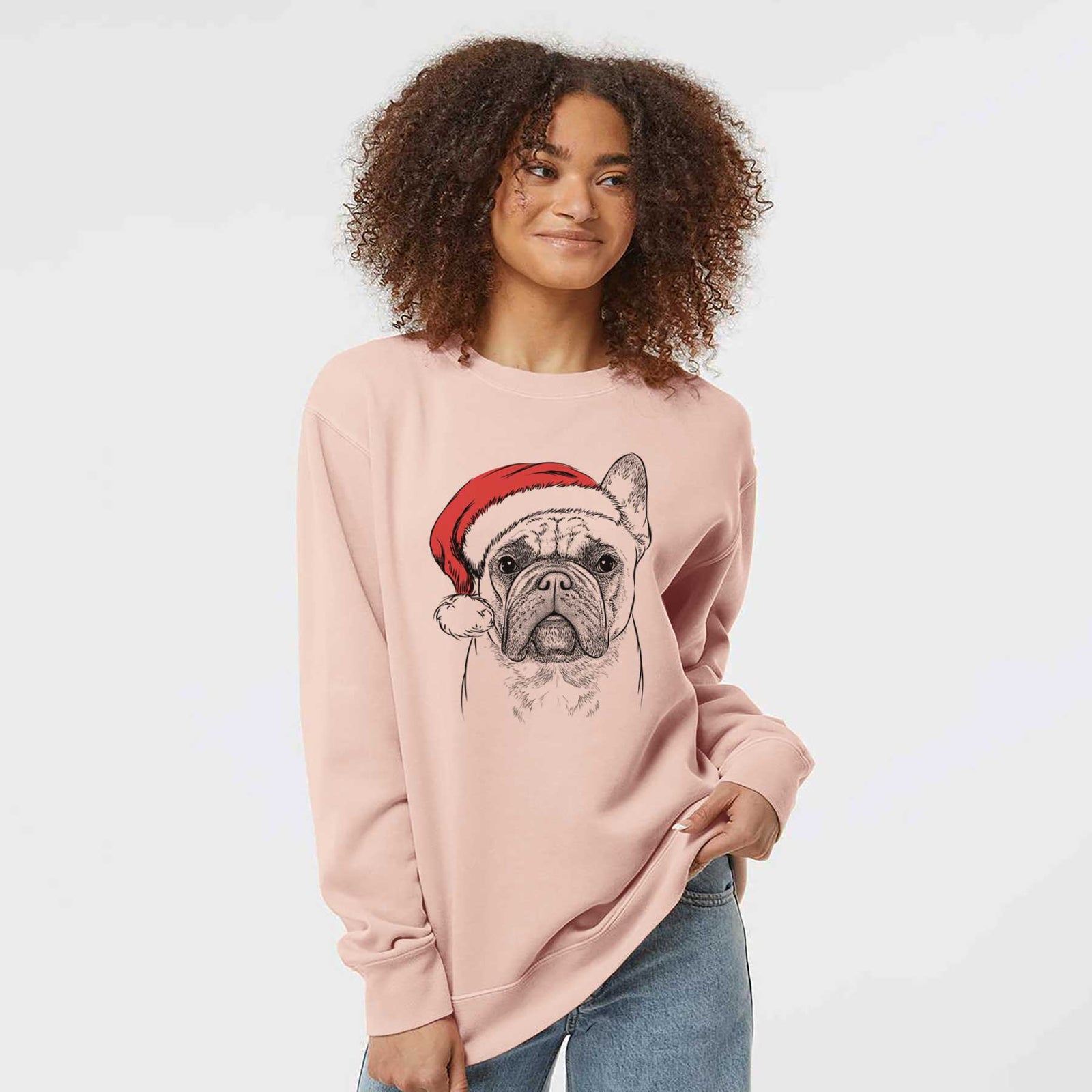 Hand-drawn sketch of Acelynn the French Bulldog wearing a Santa hat on a Dusty Pink Unisex pigment dyed crew sweatshirt