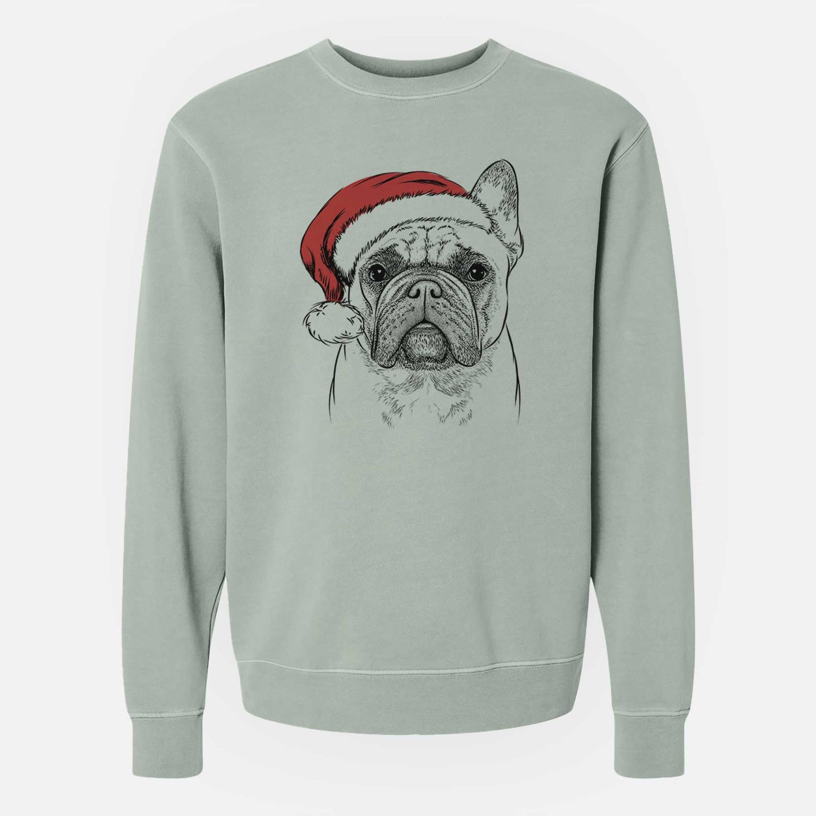 Hand-drawn sketch of Acelynn the French Bulldog wearing a Santa hat on a Sage Unisex pigment dyed crew sweatshirt