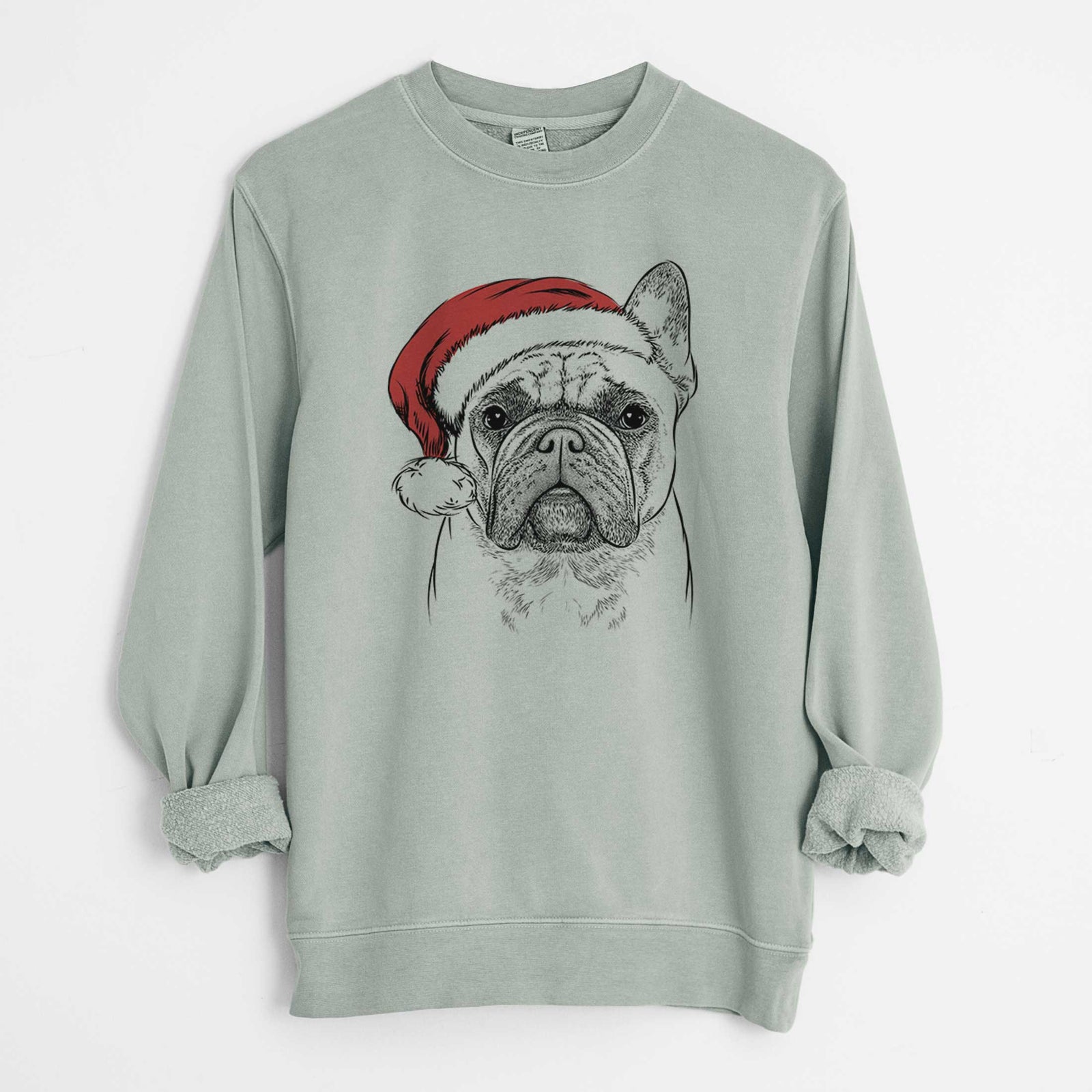 Hand-drawn sketch of Acelynn the French Bulldog wearing a Santa hat on a Sage Unisex pigment dyed crew sweatshirt
