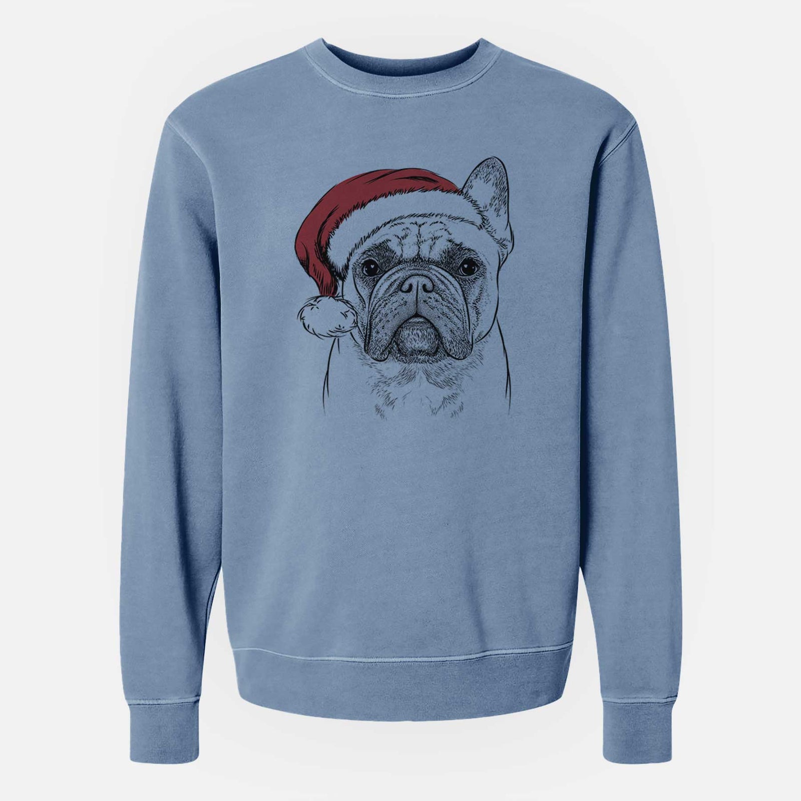 Hand-drawn sketch of Acelynn the French Bulldog wearing a Santa hat on a Slate Blue Unisex pigment dyed crew sweatshirt