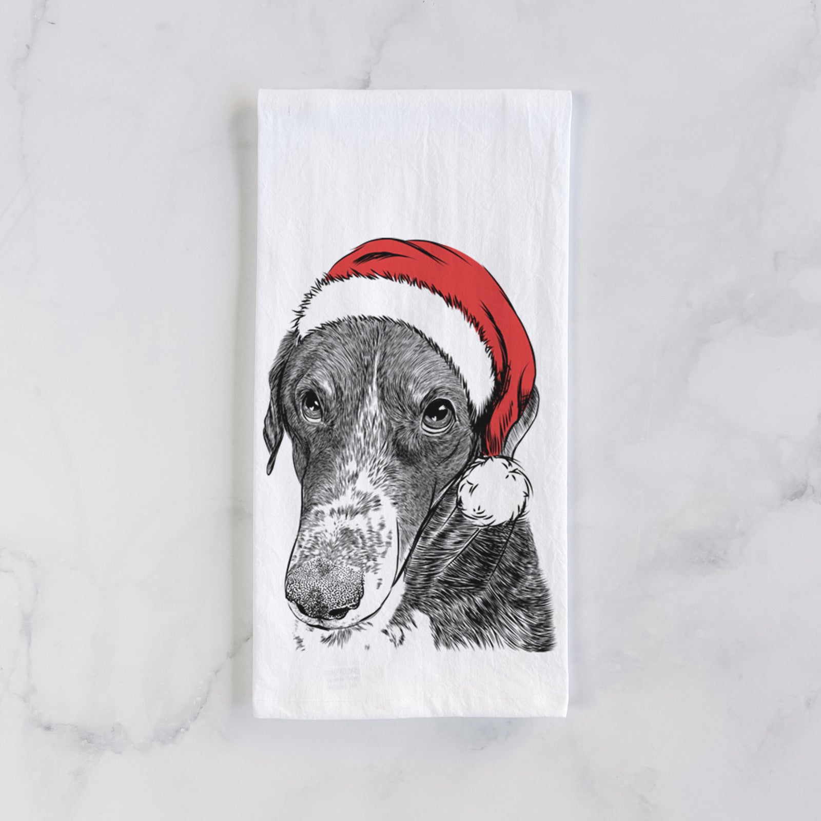 Hand-drawn sketch of Angel Orion the Mixed Breed wearing a Santa hat on a tea towel