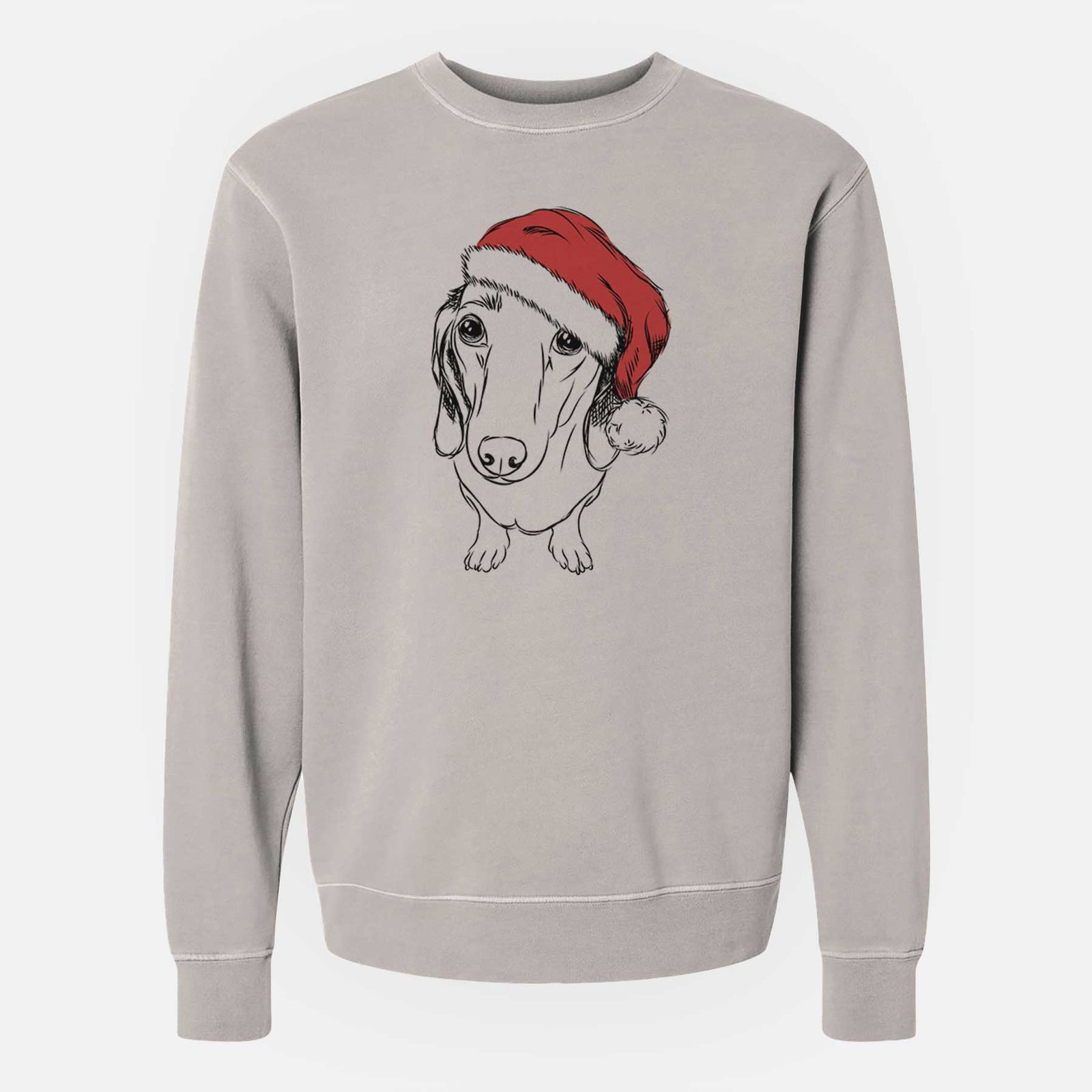 Hand-drawn sketch of Annabelle the Dachshund wearing a Santa hat on a Cement Unisex pigment dyed crew sweatshirt