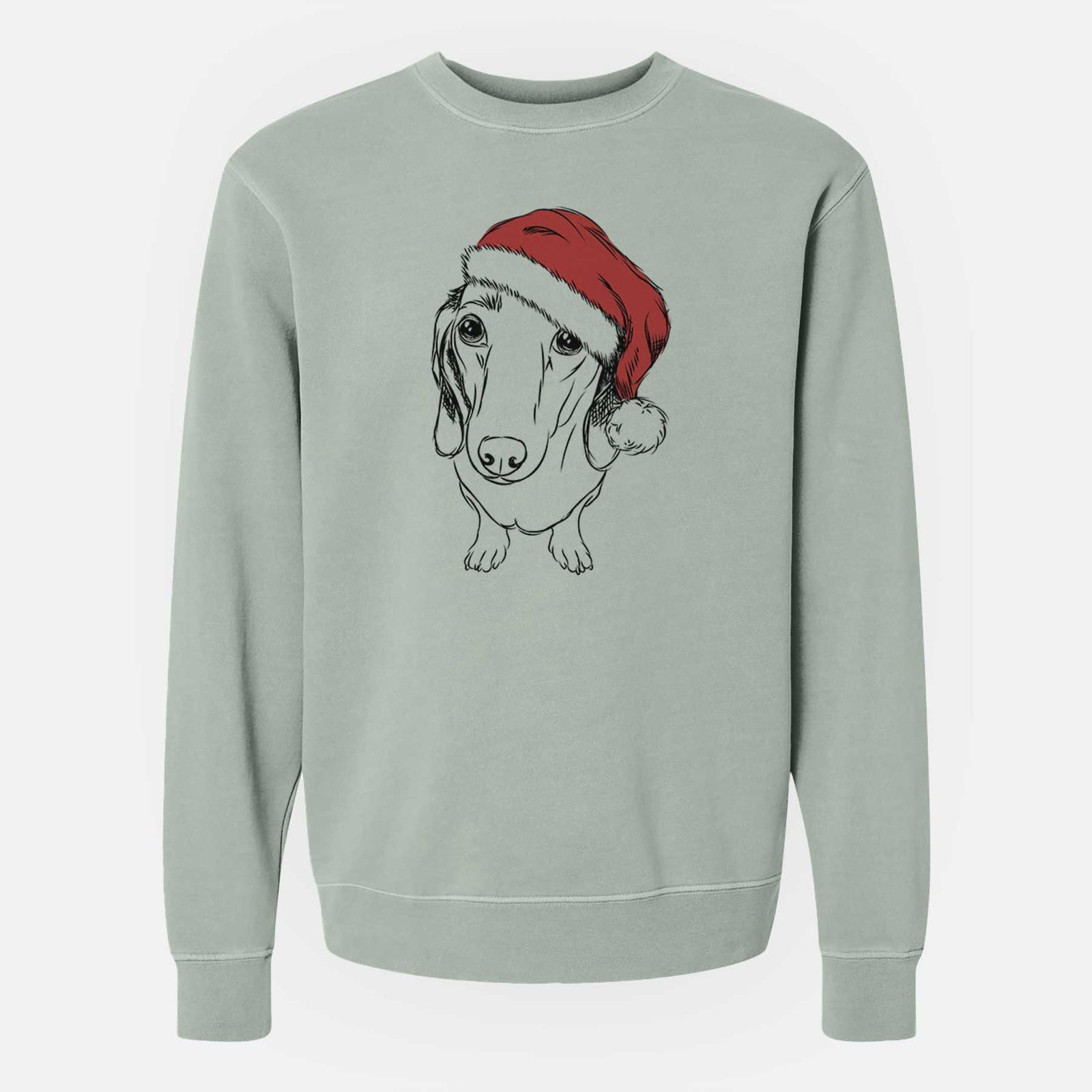 Hand-drawn sketch of Annabelle the Dachshund wearing a Santa hat on a Sage Unisex pigment dyed crew sweatshirt