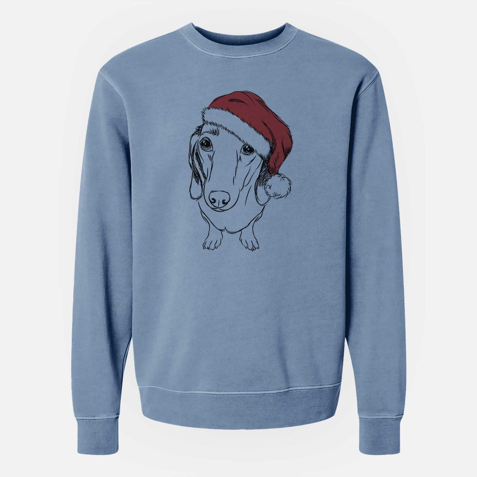 Hand-drawn sketch of Annabelle the Dachshund wearing a Santa hat on a Slate Blue Unisex pigment dyed crew sweatshirt