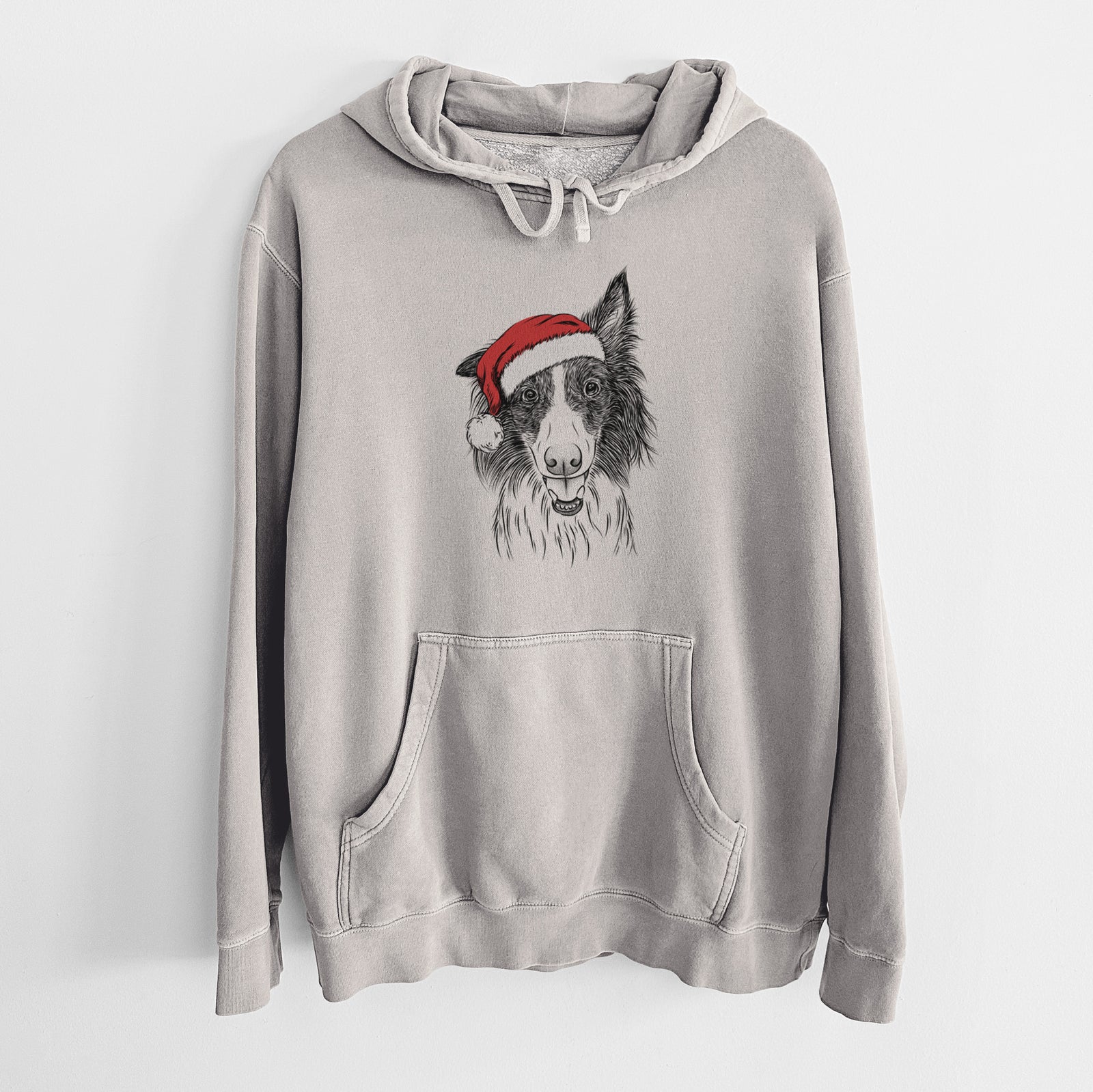 Hand-drawn sketch of Archie the Silken Windhound wearing a Santa hat on a Cement Unisex pigment dyed hoodie