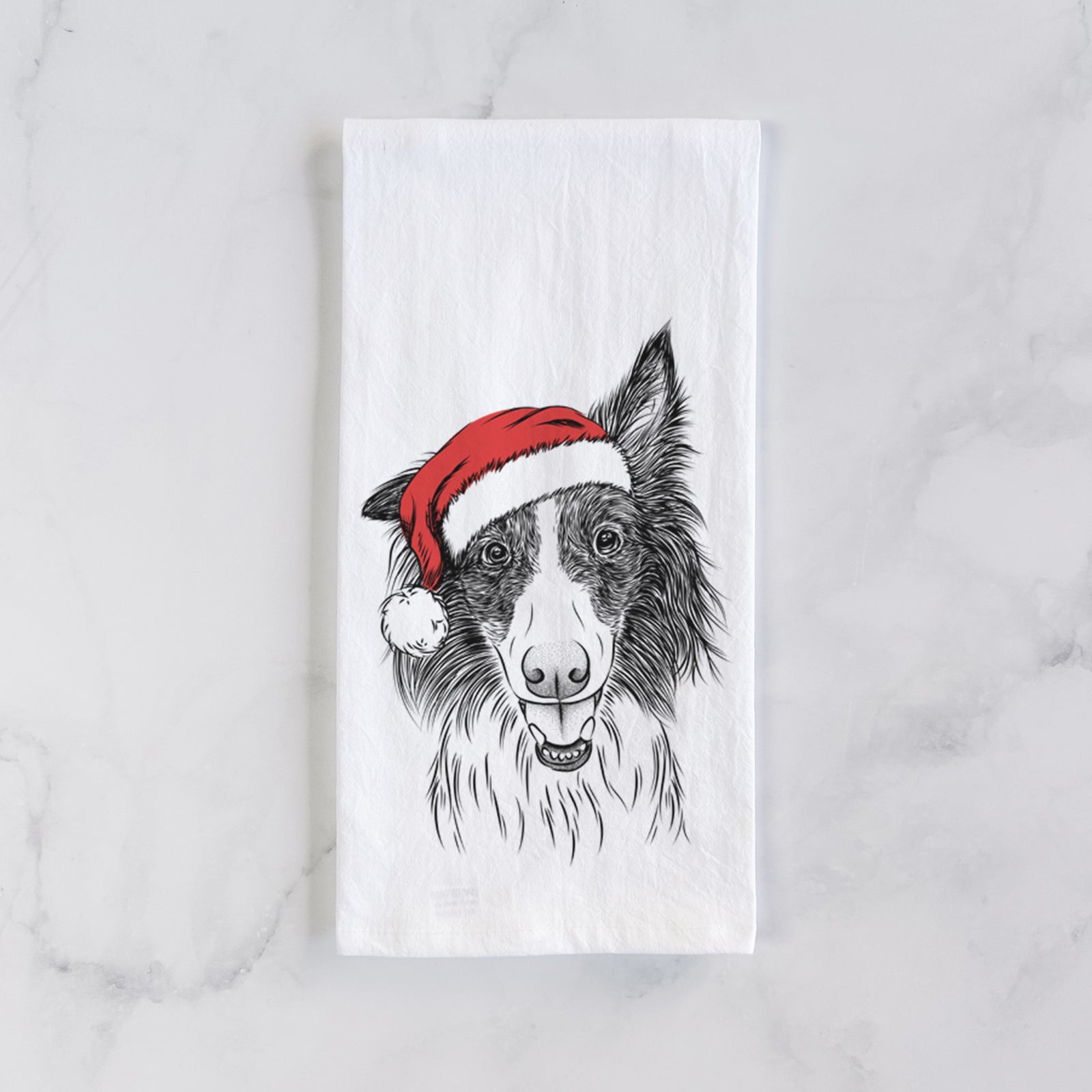Hand-drawn sketch of Archie the Silken Windhound wearing a Santa hat on a tea towel