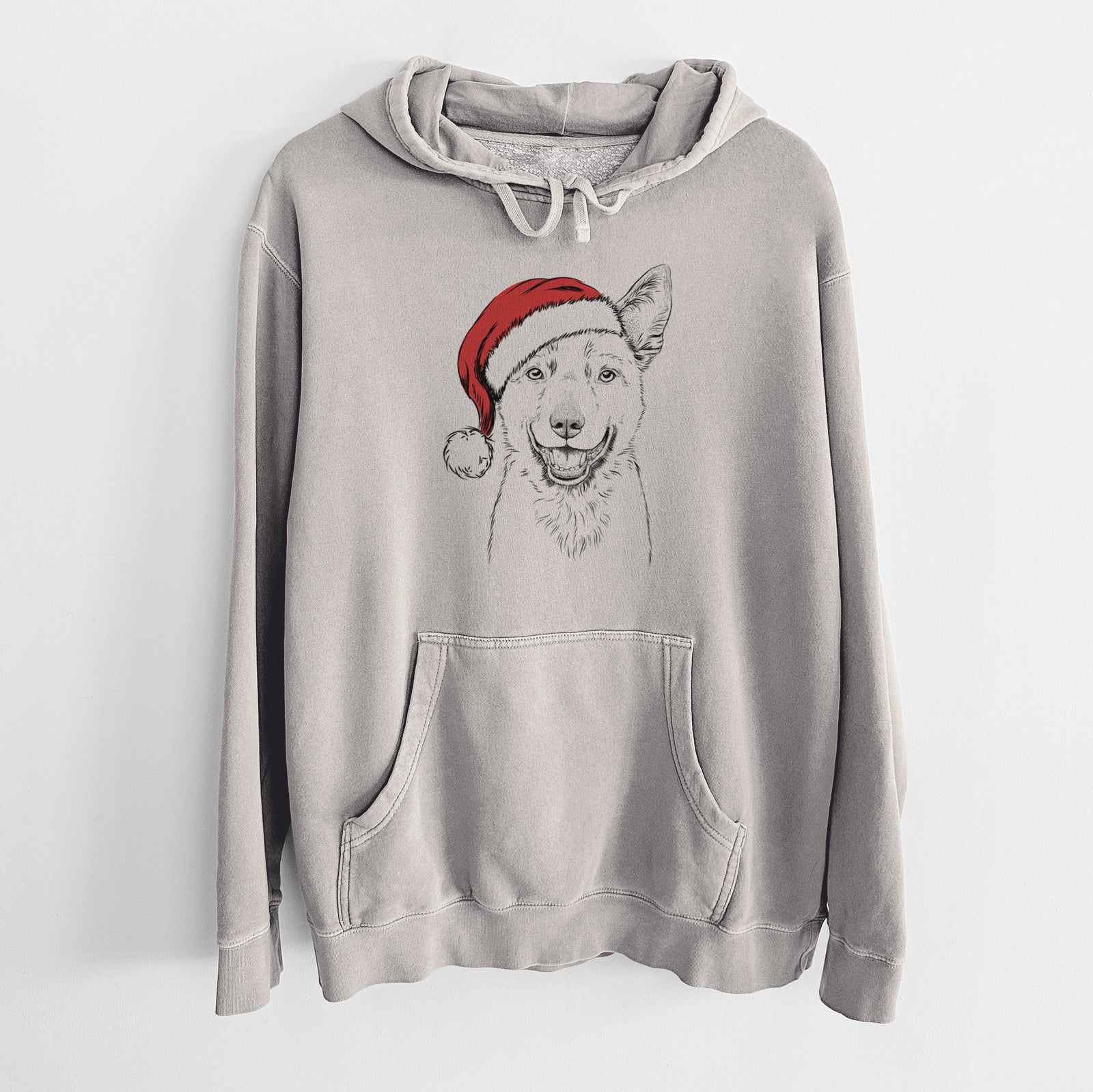 Hand-drawn sketch of Arden the Australian Kelpie wearing a Santa hat on a Cement Unisex pigment dyed hoodie