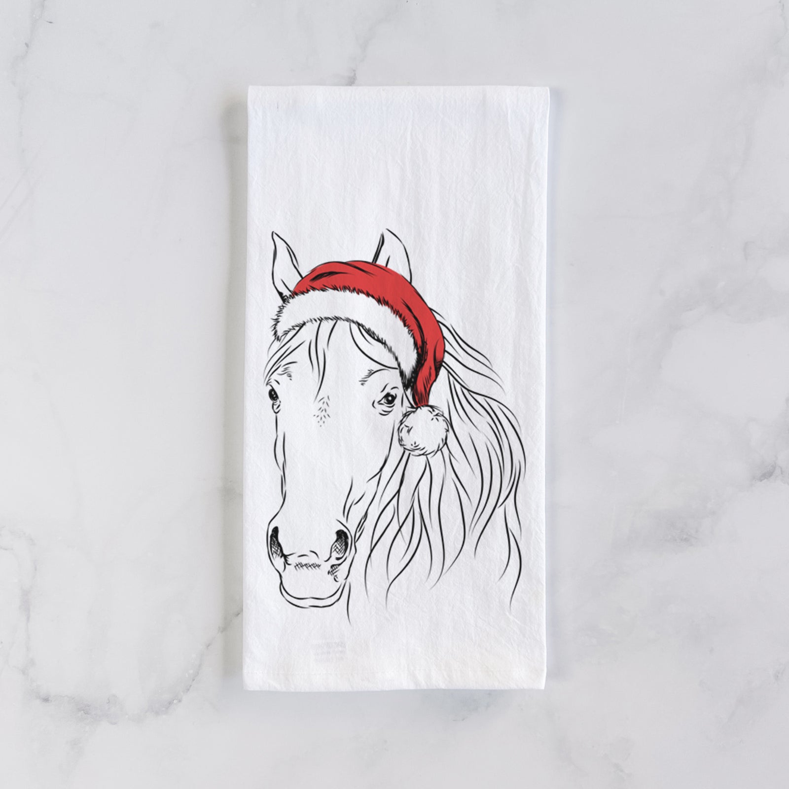Hand-drawn sketch of Aria the Horse wearing a Santa hat on a tea towel