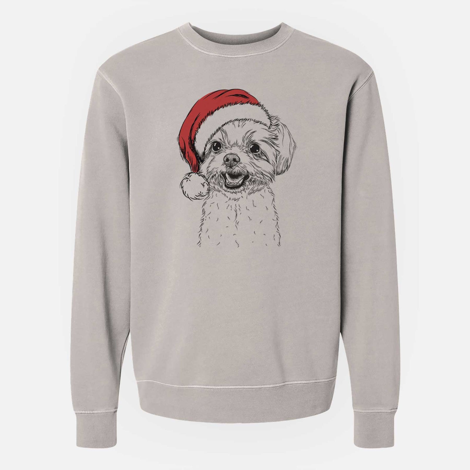 Hand-drawn sketch of Aspen the Morkie wearing a Santa hat on a Cement Unisex pigment dyed crew sweatshirt