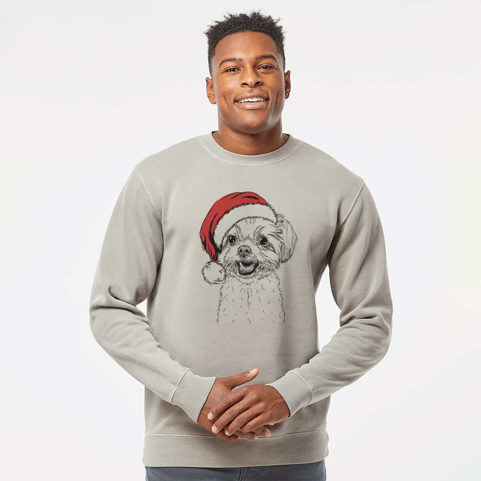 Hand-drawn sketch of Aspen the Morkie wearing a Santa hat on a Cement Unisex pigment dyed crew sweatshirt