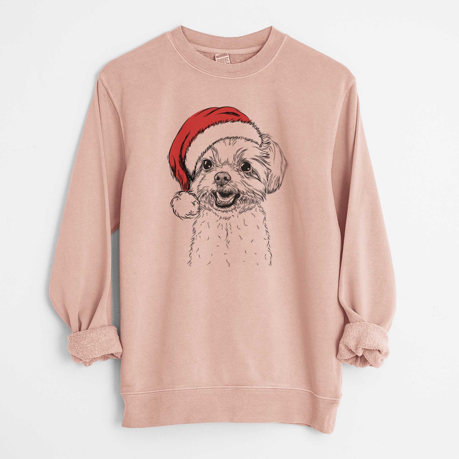 Hand-drawn sketch of Aspen the Morkie wearing a Santa hat on a Dusty Pink Unisex pigment dyed crew sweatshirt