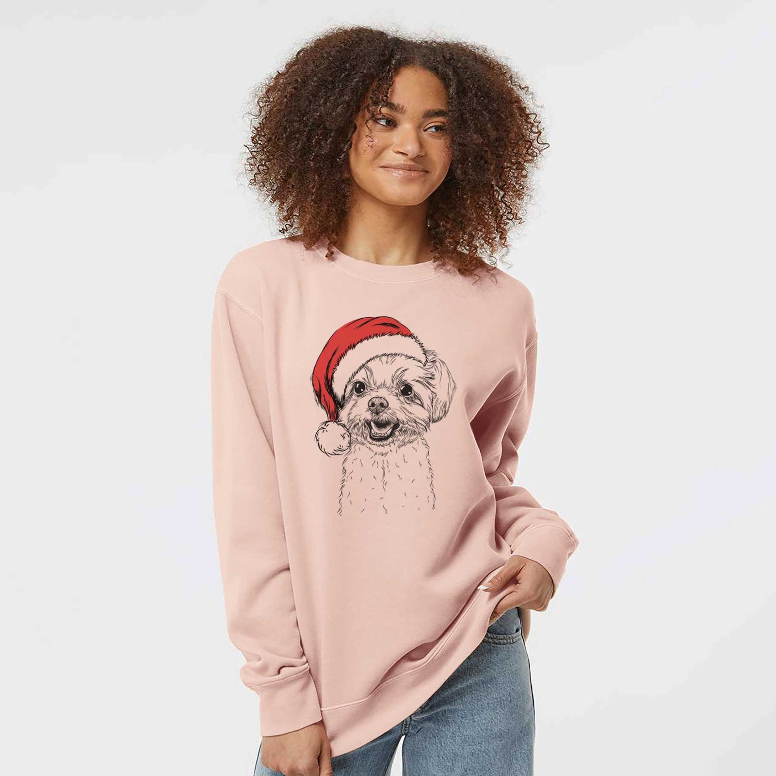 Hand-drawn sketch of Aspen the Morkie wearing a Santa hat on a Dusty Pink Unisex pigment dyed crew sweatshirt