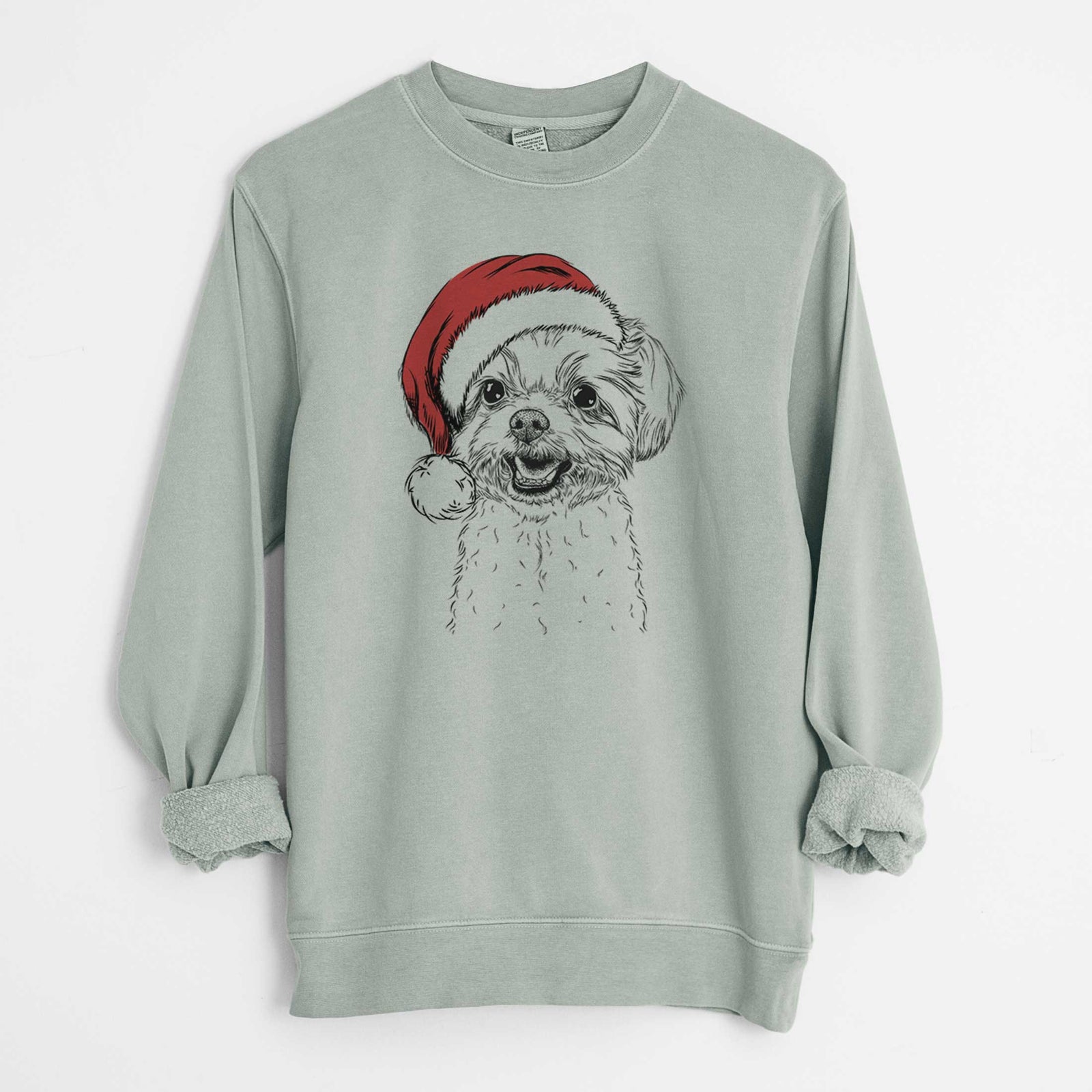 Hand-drawn sketch of Aspen the Morkie wearing a Santa hat on a Sage Unisex pigment dyed crew sweatshirt
