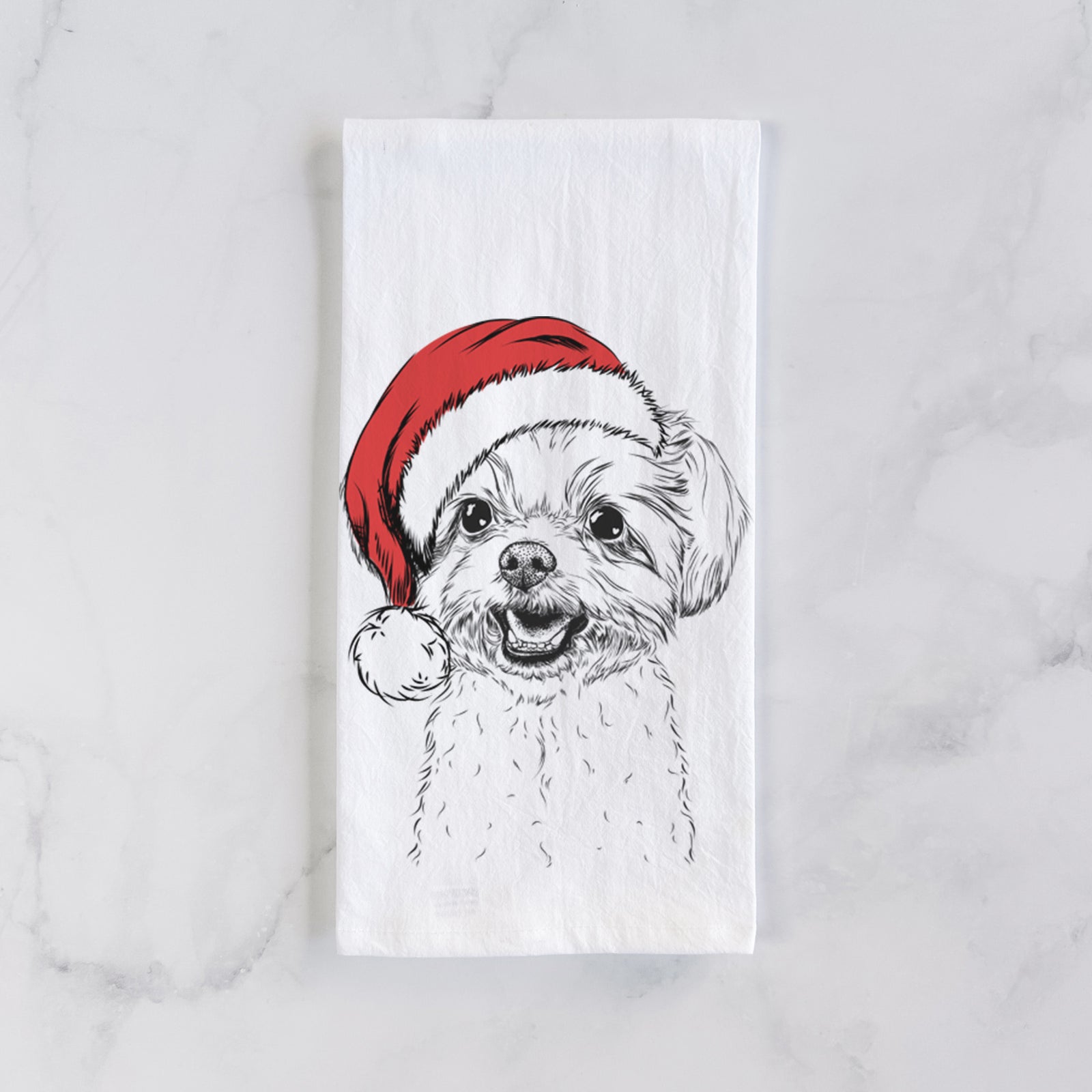 Hand-drawn sketch of Aspen the Morkie wearing a Santa hat on a tea towel