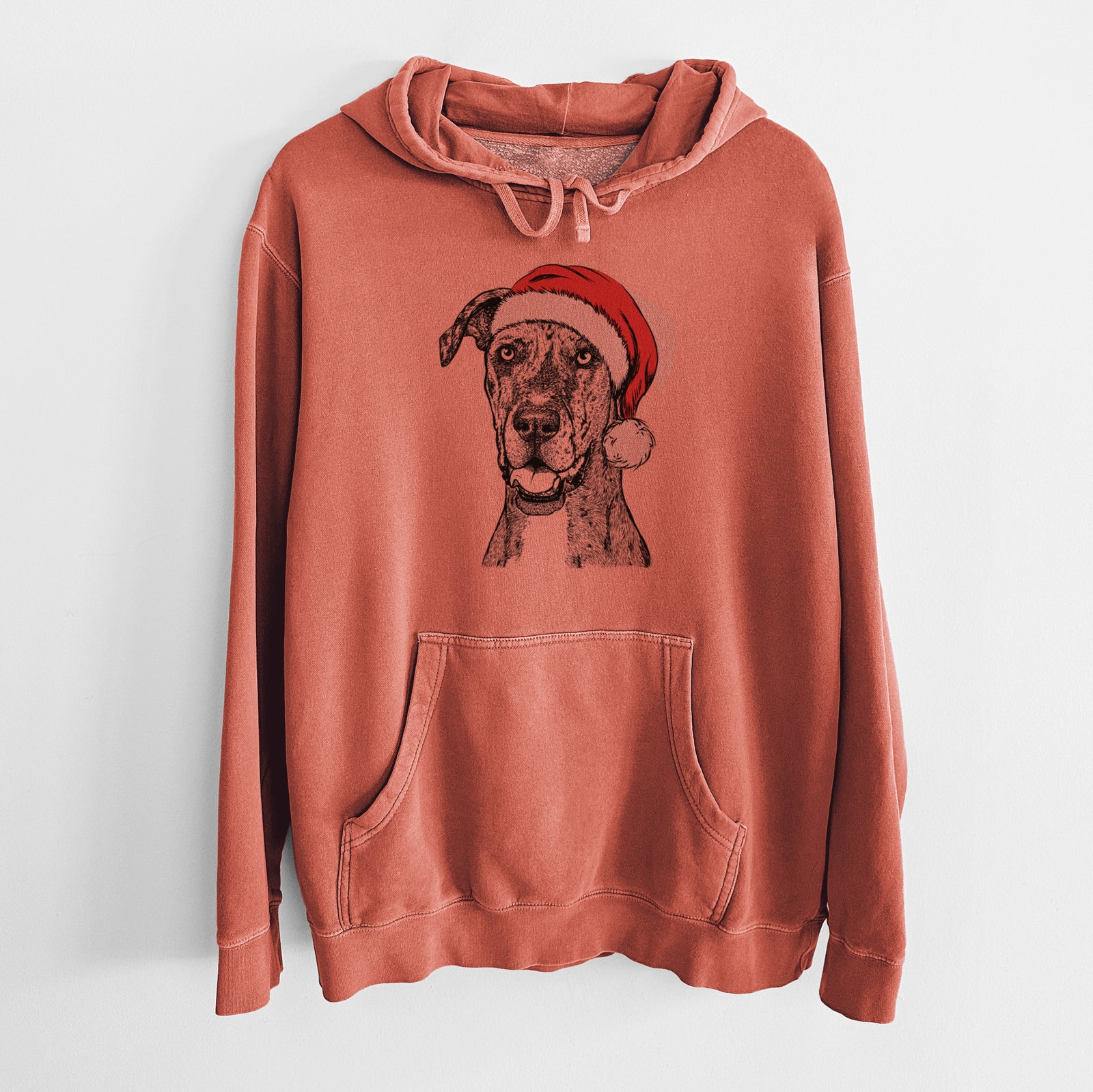Hand-drawn sketch of Athena the Merle Great Dane wearing a Santa hat on an Amber Unisex pigment dyed hoodie