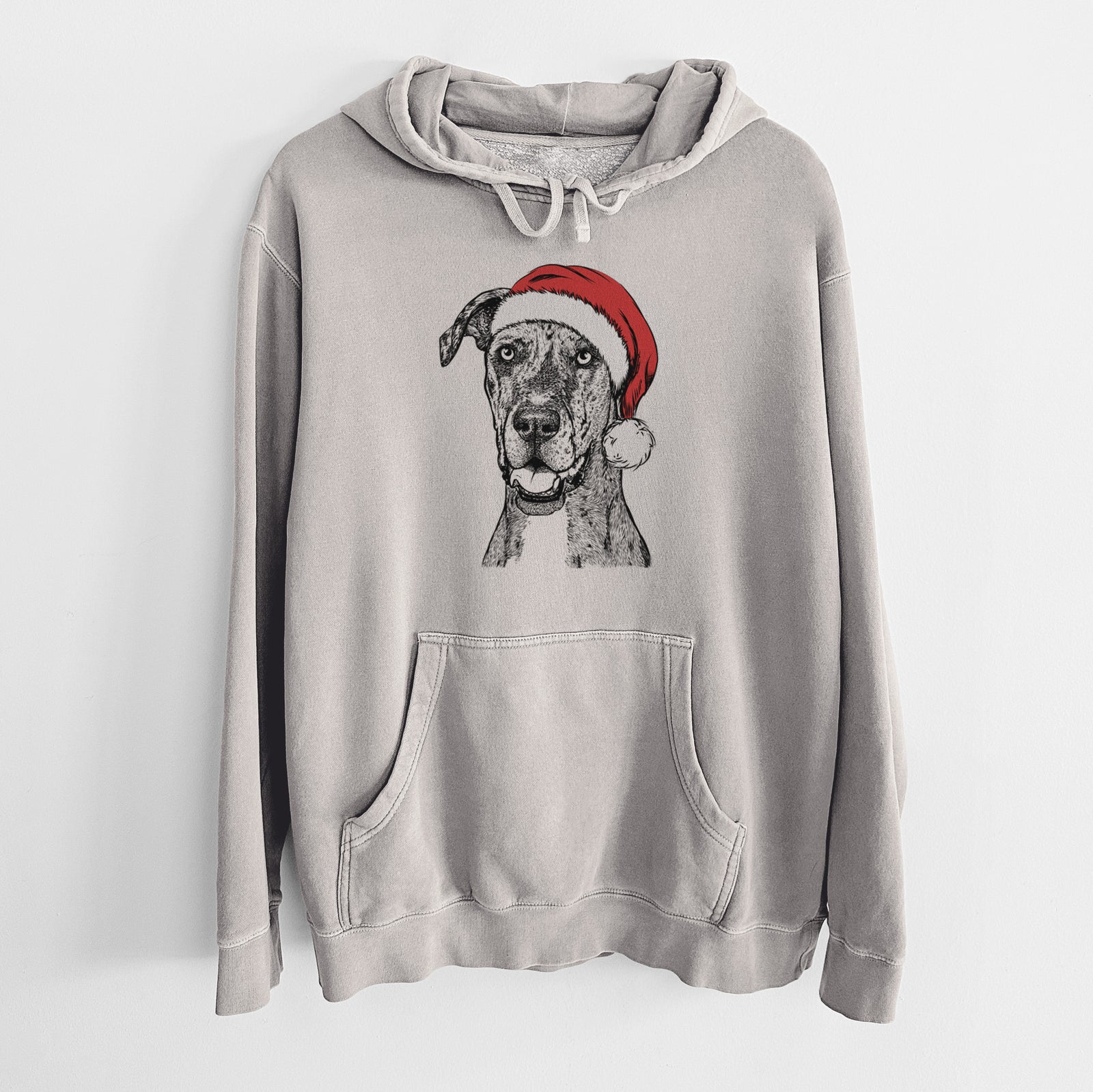 Hand-drawn sketch of Athena the Merle Great Dane wearing a Santa hat on a Cement Unisex pigment dyed hoodie