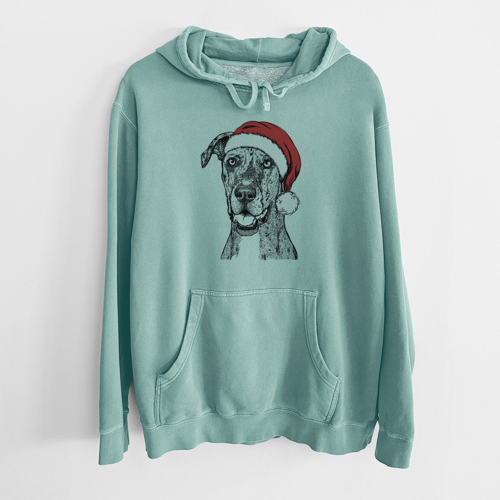 Hand-drawn sketch of Athena the Merle Great Dane wearing a Santa hat on a Mint Unisex pigment dyed hoodie